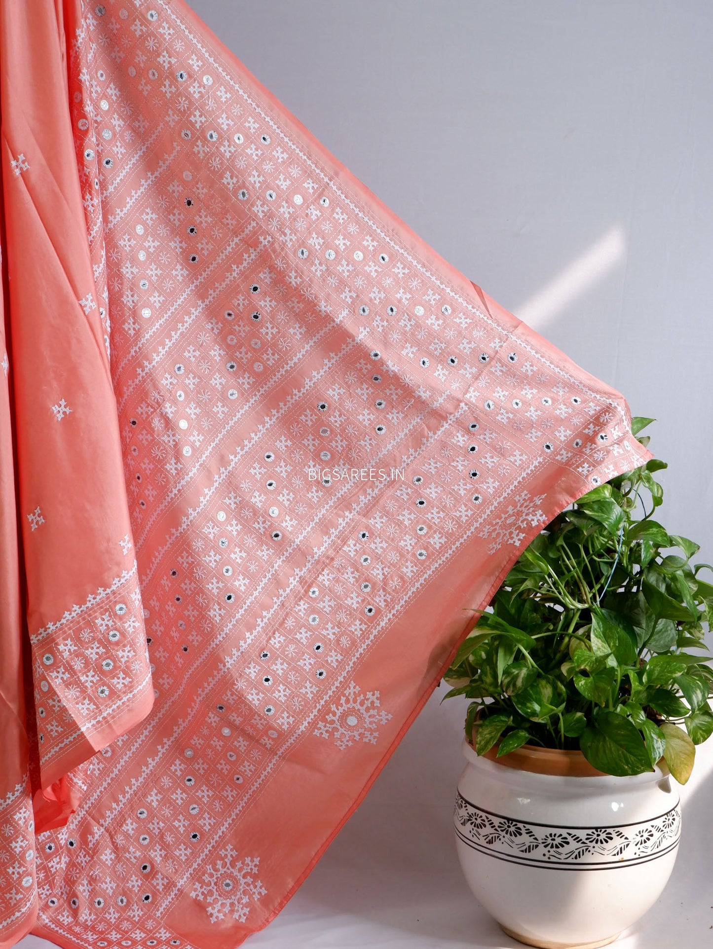 Kutchi/Gujarati Stitch Hand Embroidered Saree | Art Silk | Foil Mirror | Light Peach