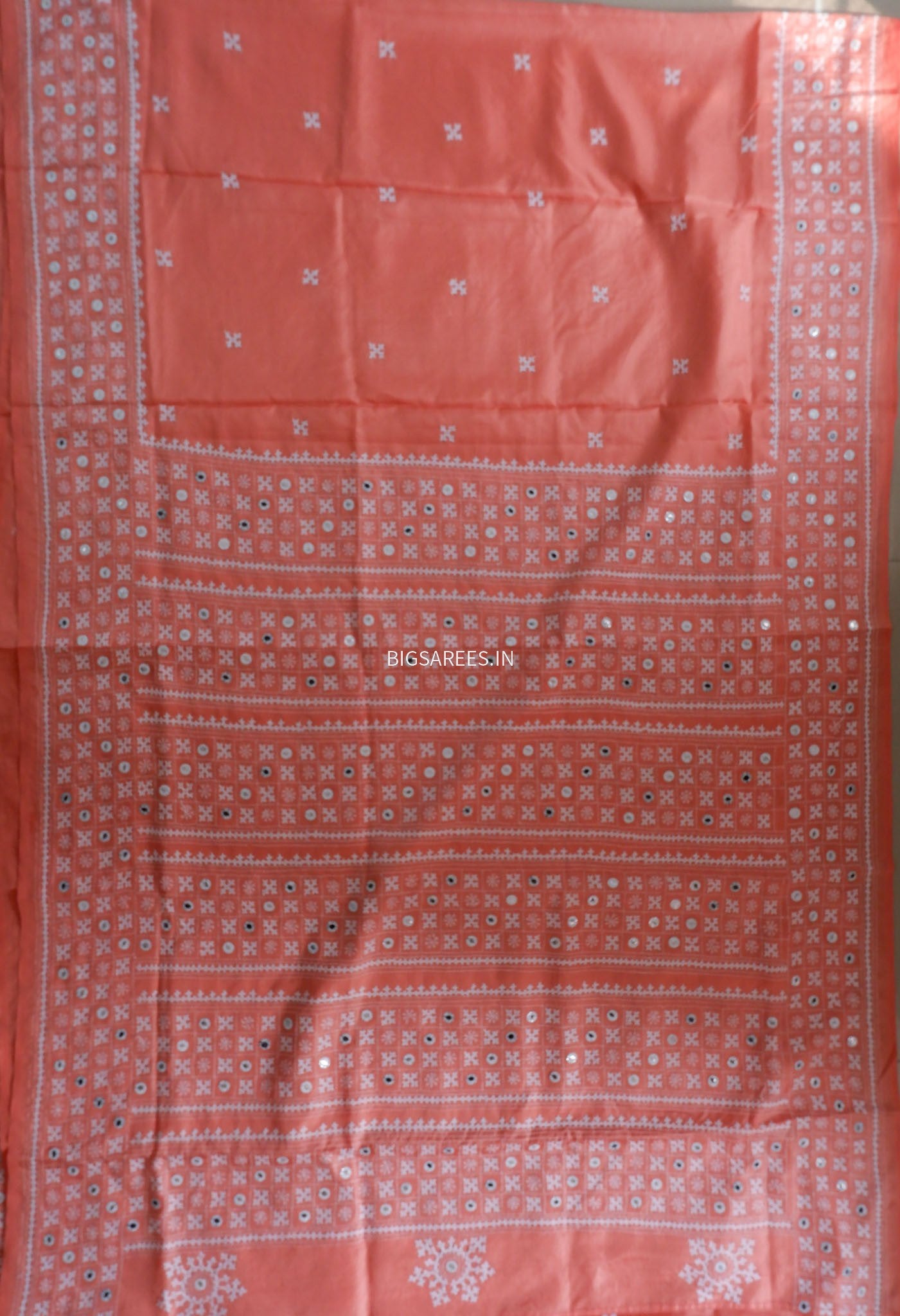 Kutchi/Gujarati Stitch Hand Embroidered Saree | Art Silk | Foil Mirror | Light Peach