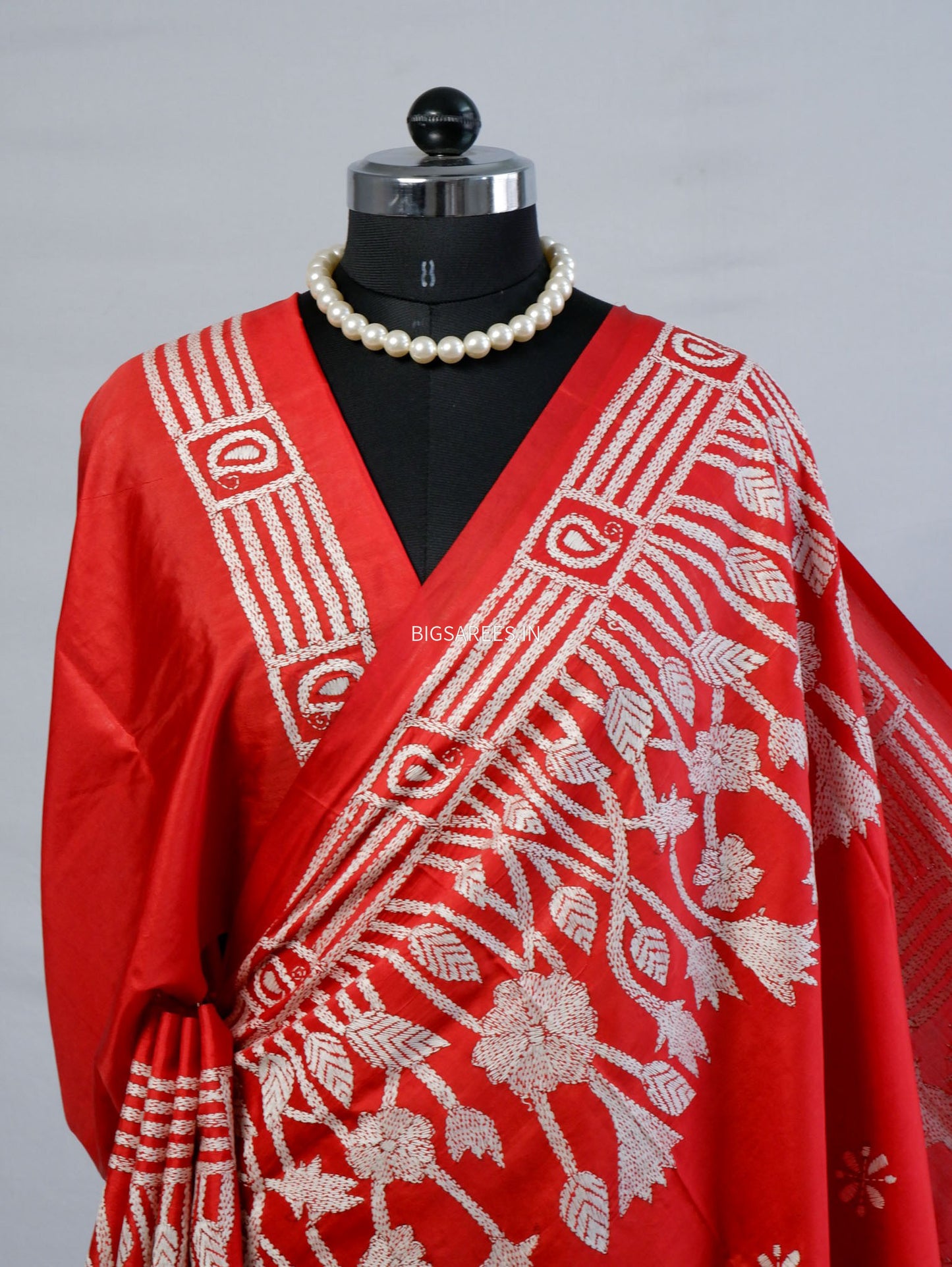Kantha - Stitch Hand Embroidered Saree | Blended Bangalore Silk / Art Silk | Red