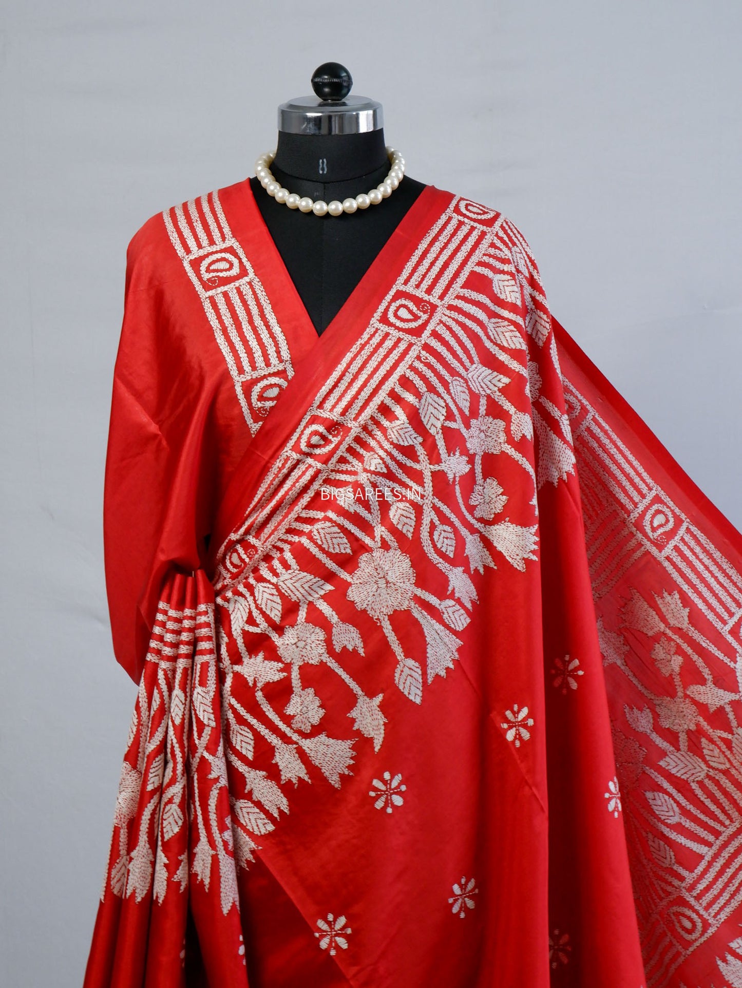 Kantha - Stitch Hand Embroidered Saree | Blended Bangalore Silk / Art Silk | Red