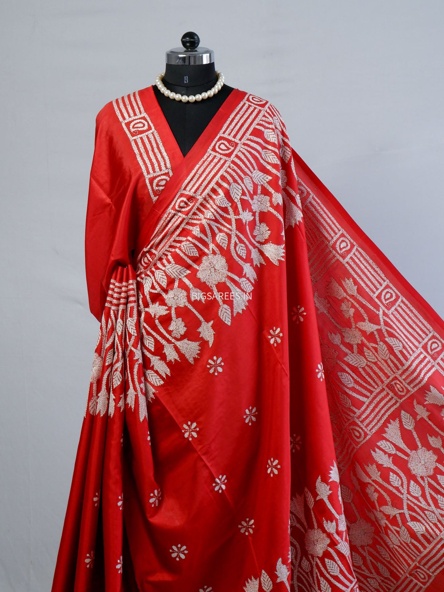 Kantha - Stitch Hand Embroidered Saree | Blended Bangalore Silk / Art Silk | Red