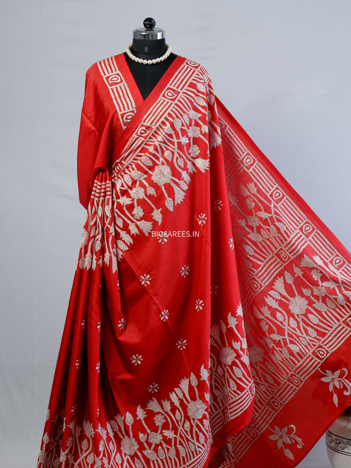 Kantha - Stitch Hand Embroidered Saree | Blended Bangalore Silk / Art Silk | Red