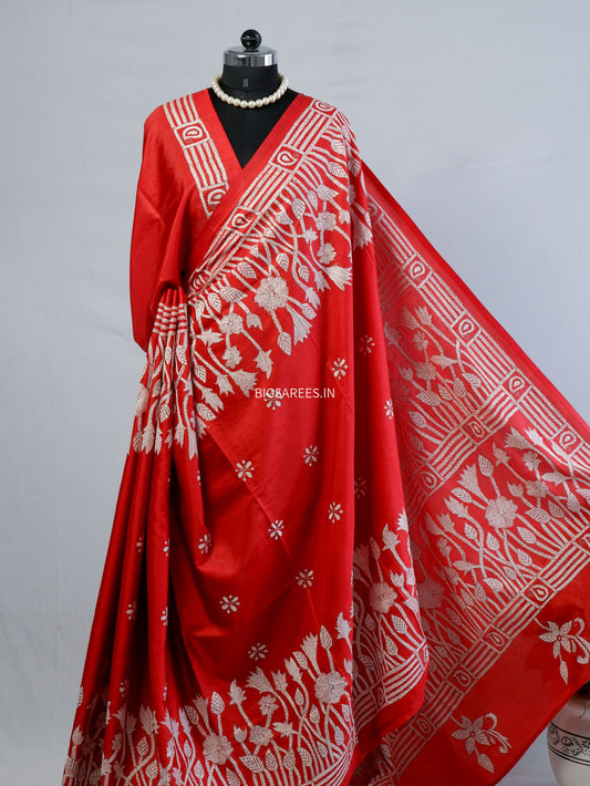 Kantha - Stitch Hand Embroidered Saree | Blended Bangalore Silk / Art Silk | Red