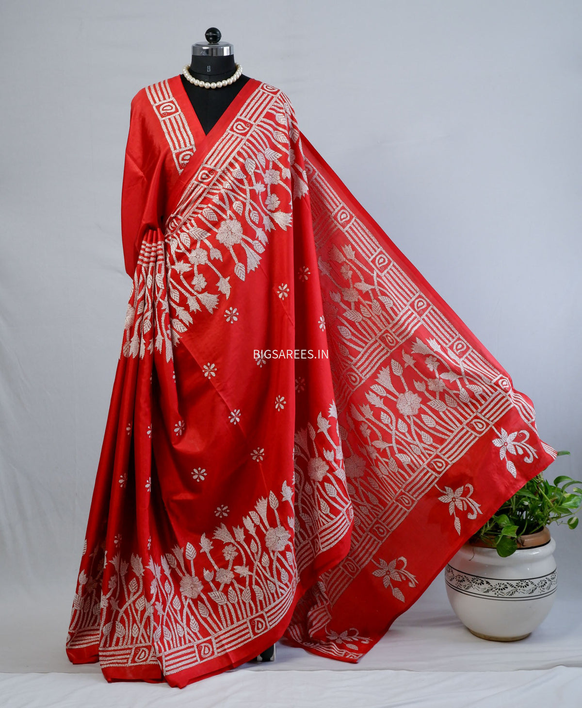 Kantha - Stitch Hand Embroidered Saree | Blended Bangalore Silk / Art Silk | Red
