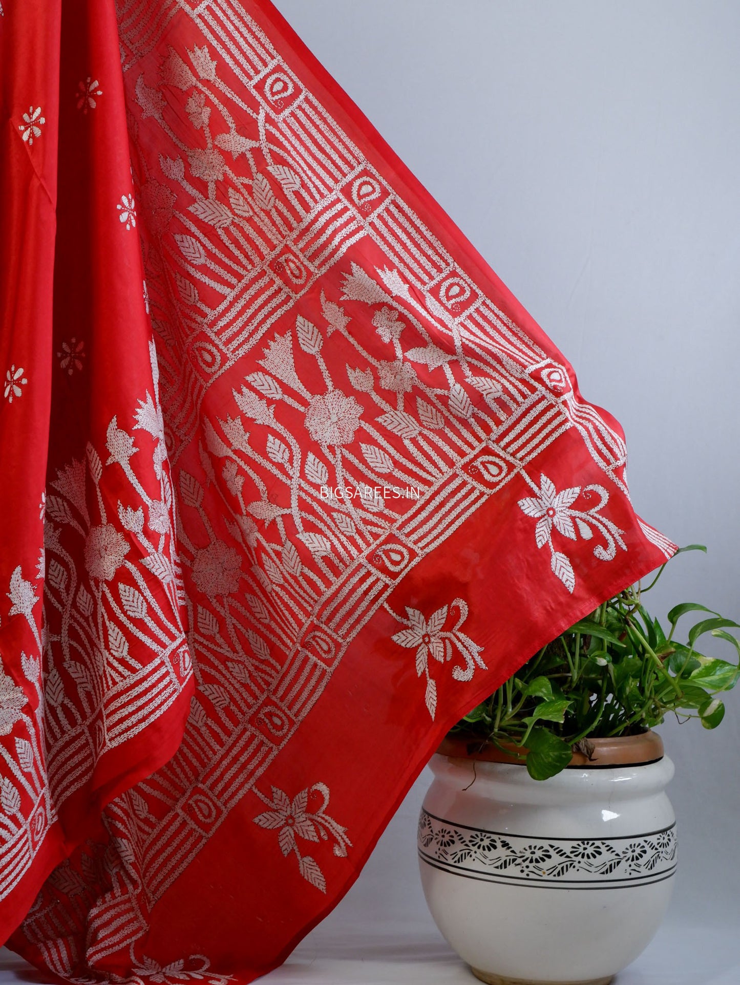 Kantha - Stitch Hand Embroidered Saree | Blended Bangalore Silk / Art Silk | Red