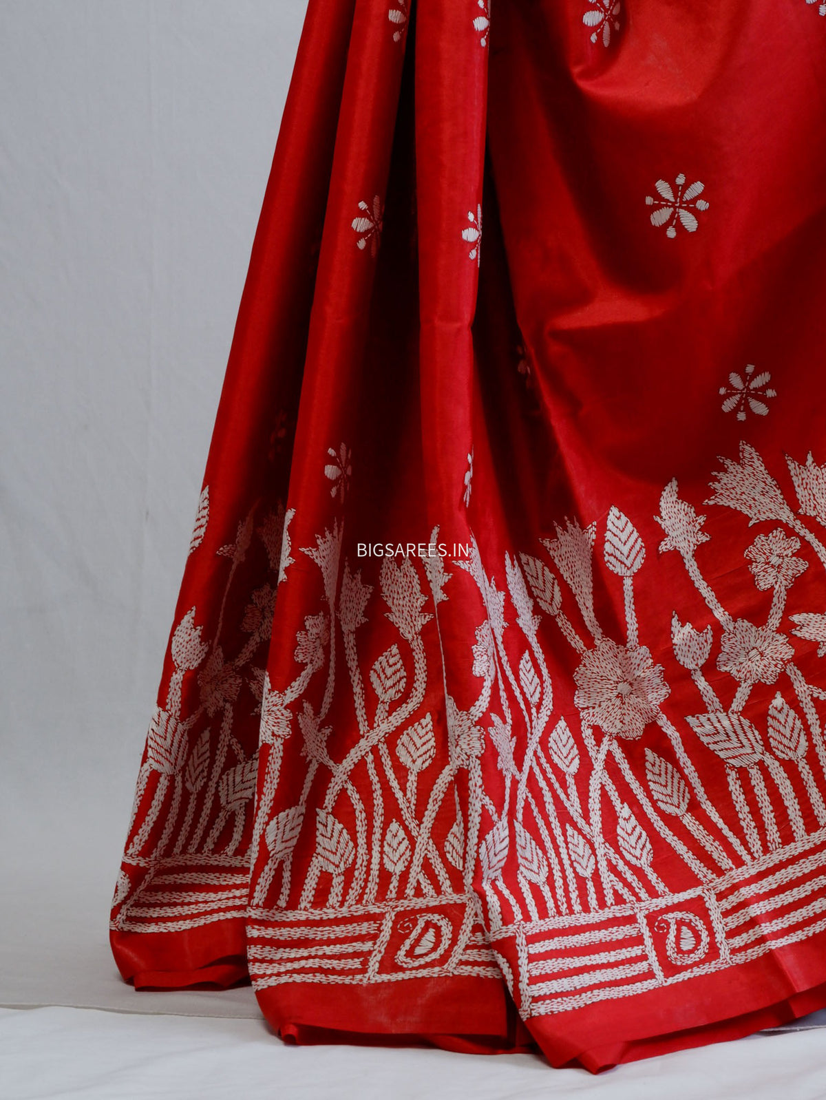 Kantha - Stitch Hand Embroidered Saree | Blended Bangalore Silk / Art Silk | Red