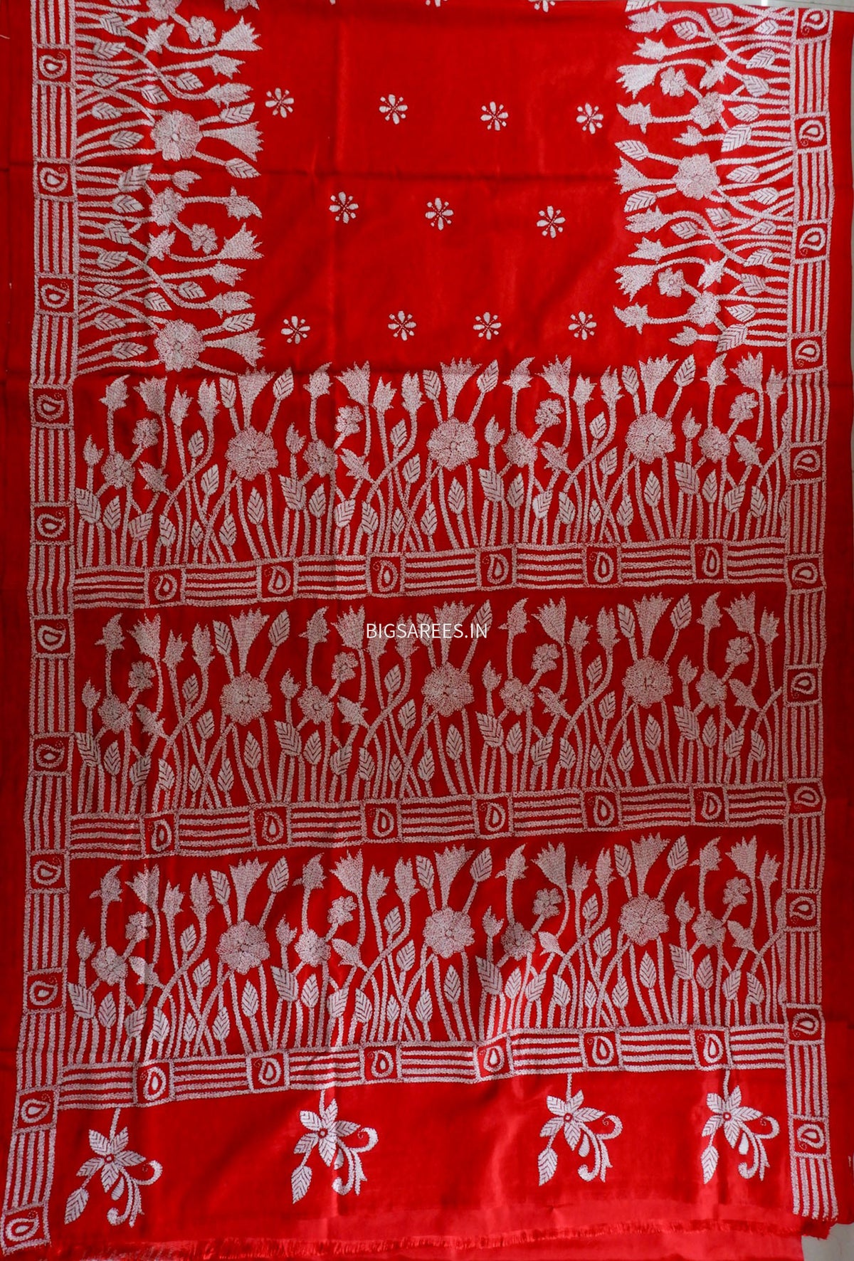 Kantha - Stitch Hand Embroidered Saree | Blended Bangalore Silk / Art Silk | Red