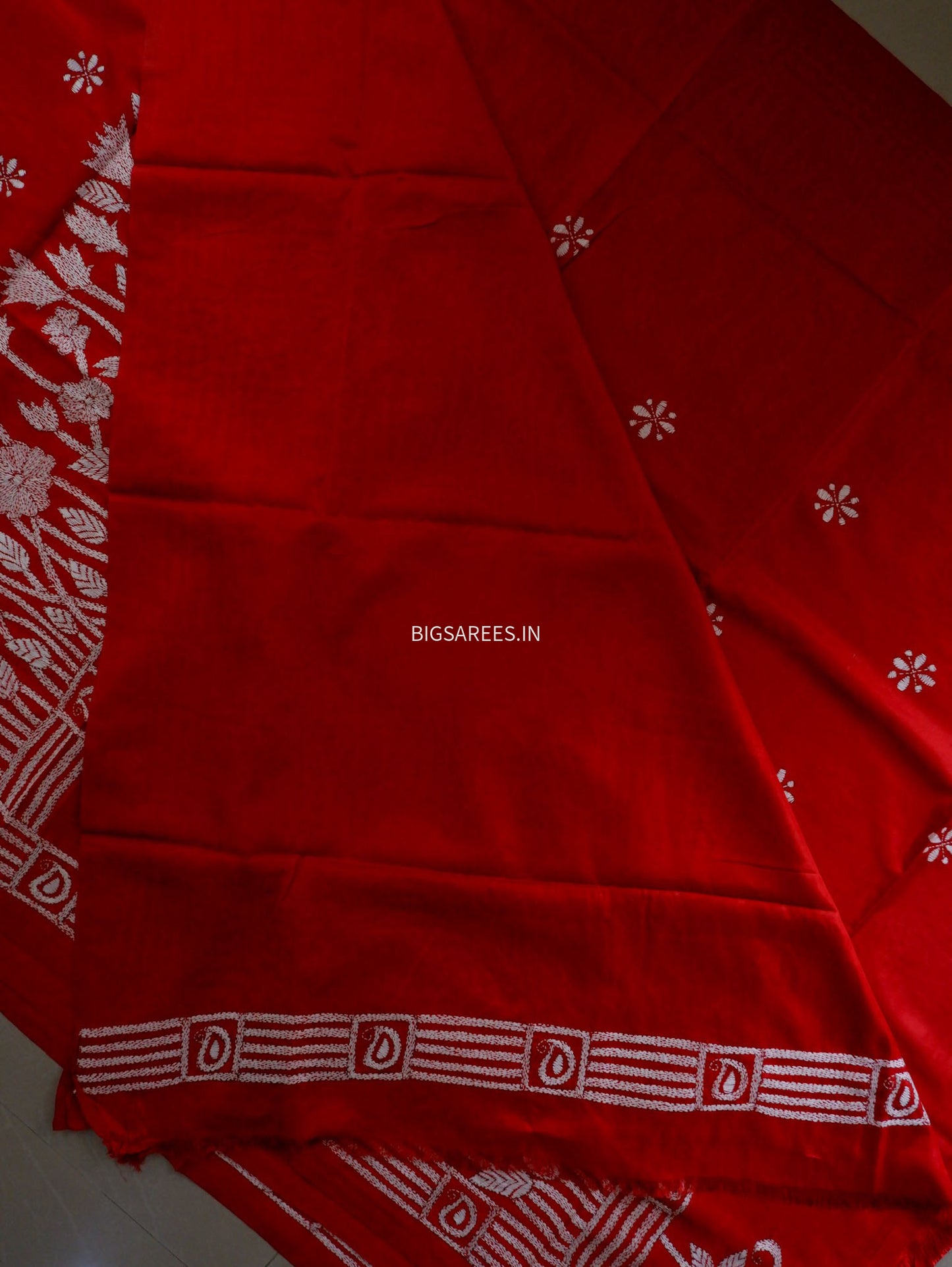 Kantha - Stitch Hand Embroidered Saree | Blended Bangalore Silk / Art Silk | Red