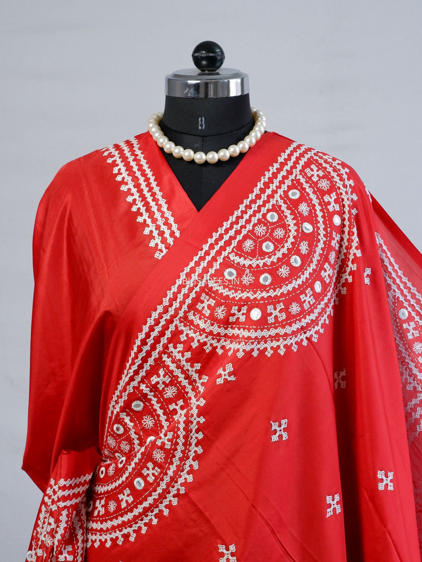 Kutchi/Gujarati Stitch Hand Embroidered Saree | Art Silk | Foil Mirror | Red