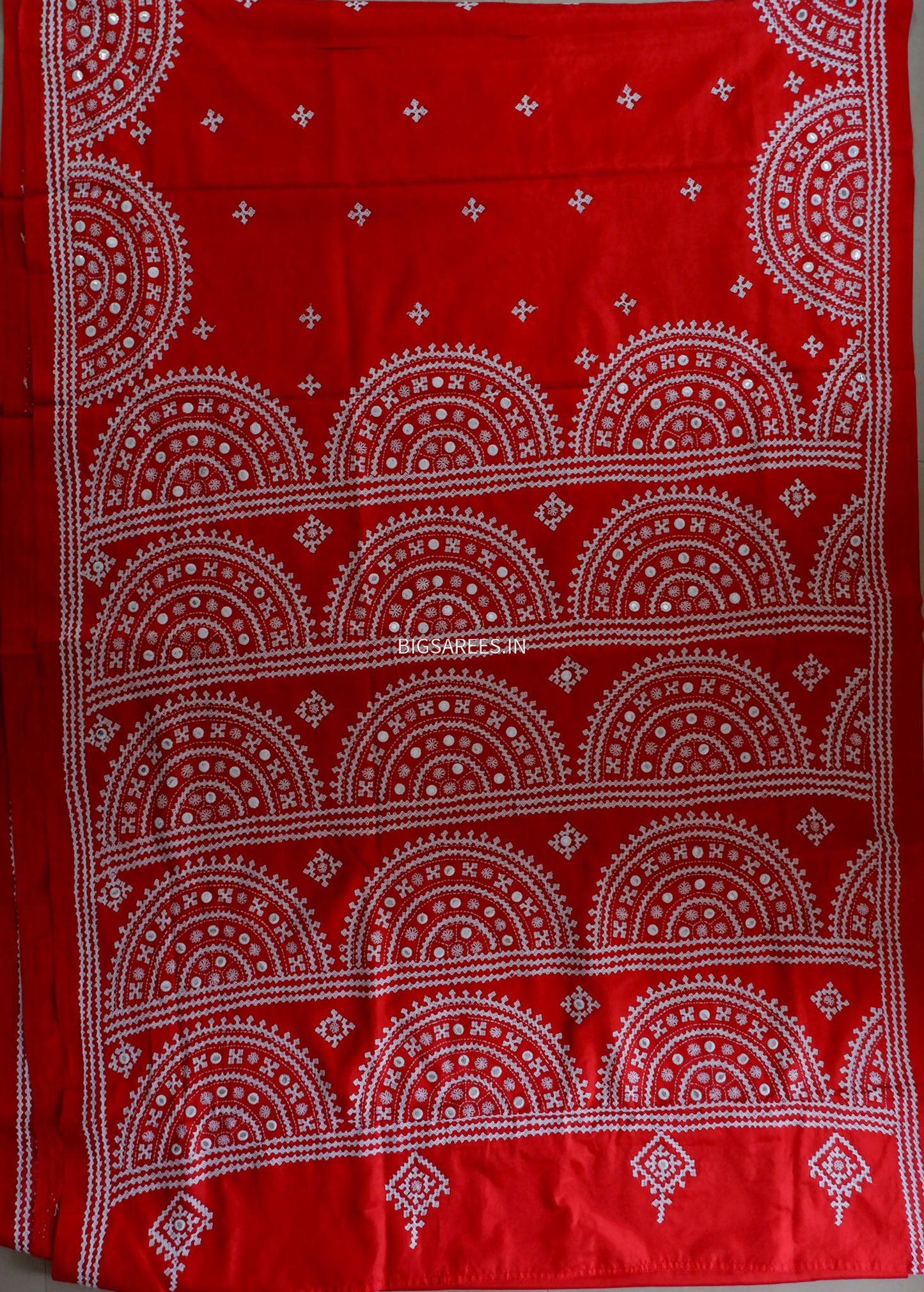 Kutchi/Gujarati Stitch Hand Embroidered Saree | Art Silk | Foil Mirror | Red