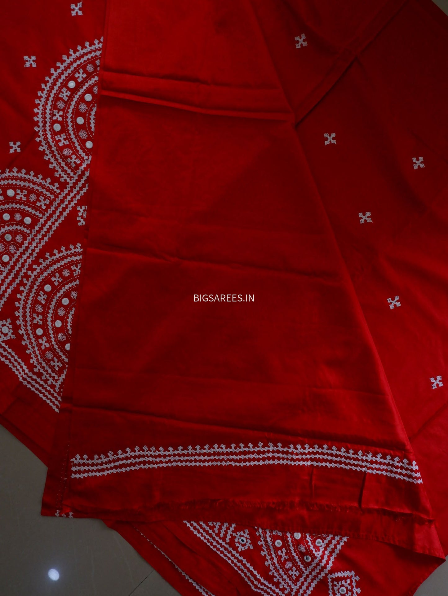 Kutchi/Gujarati Stitch Hand Embroidered Saree | Art Silk | Foil Mirror | Red
