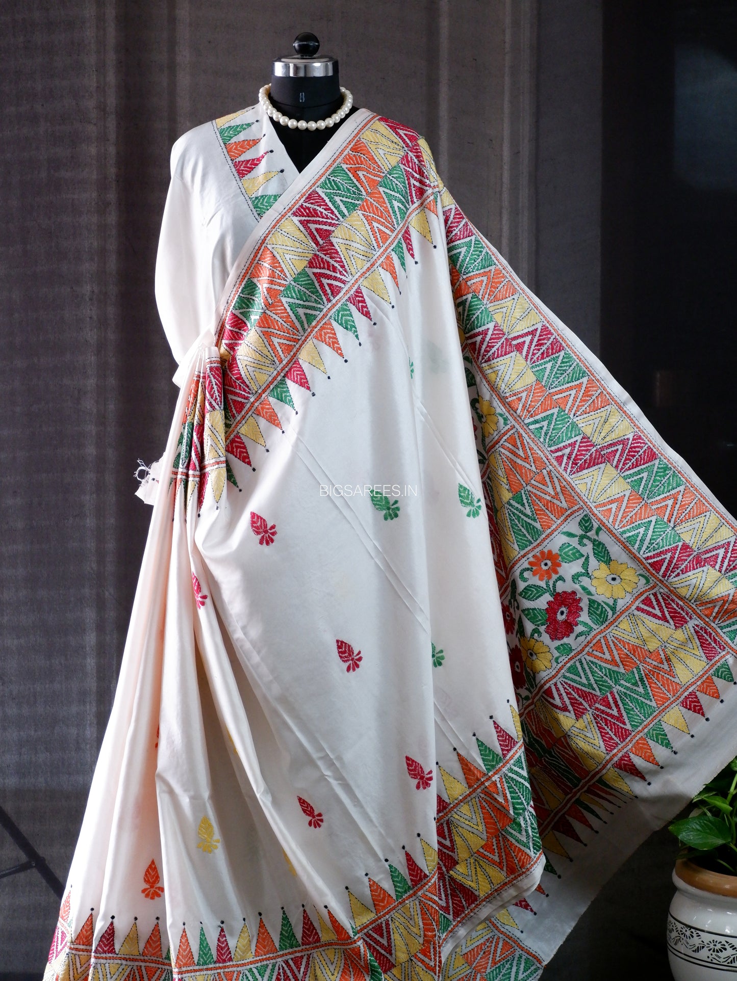 Kantha - Stitch Hand Embroidered Saree | Blended Bangalore Silk / Art Silk | White