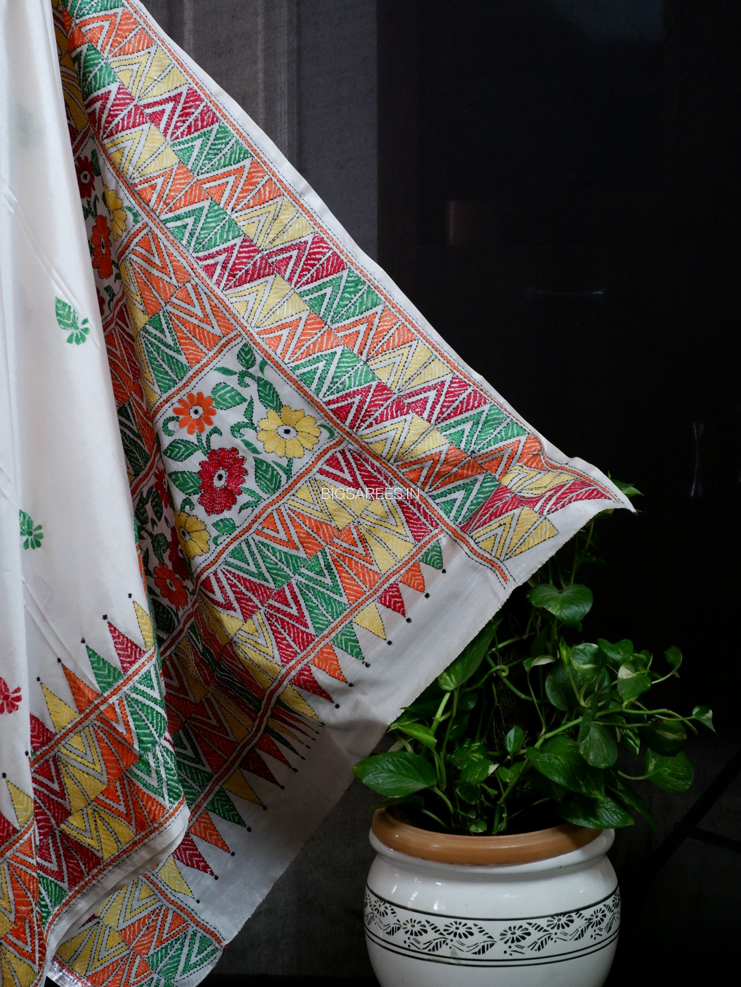 Kantha - Stitch Hand Embroidered Saree | Blended Bangalore Silk / Art Silk | White