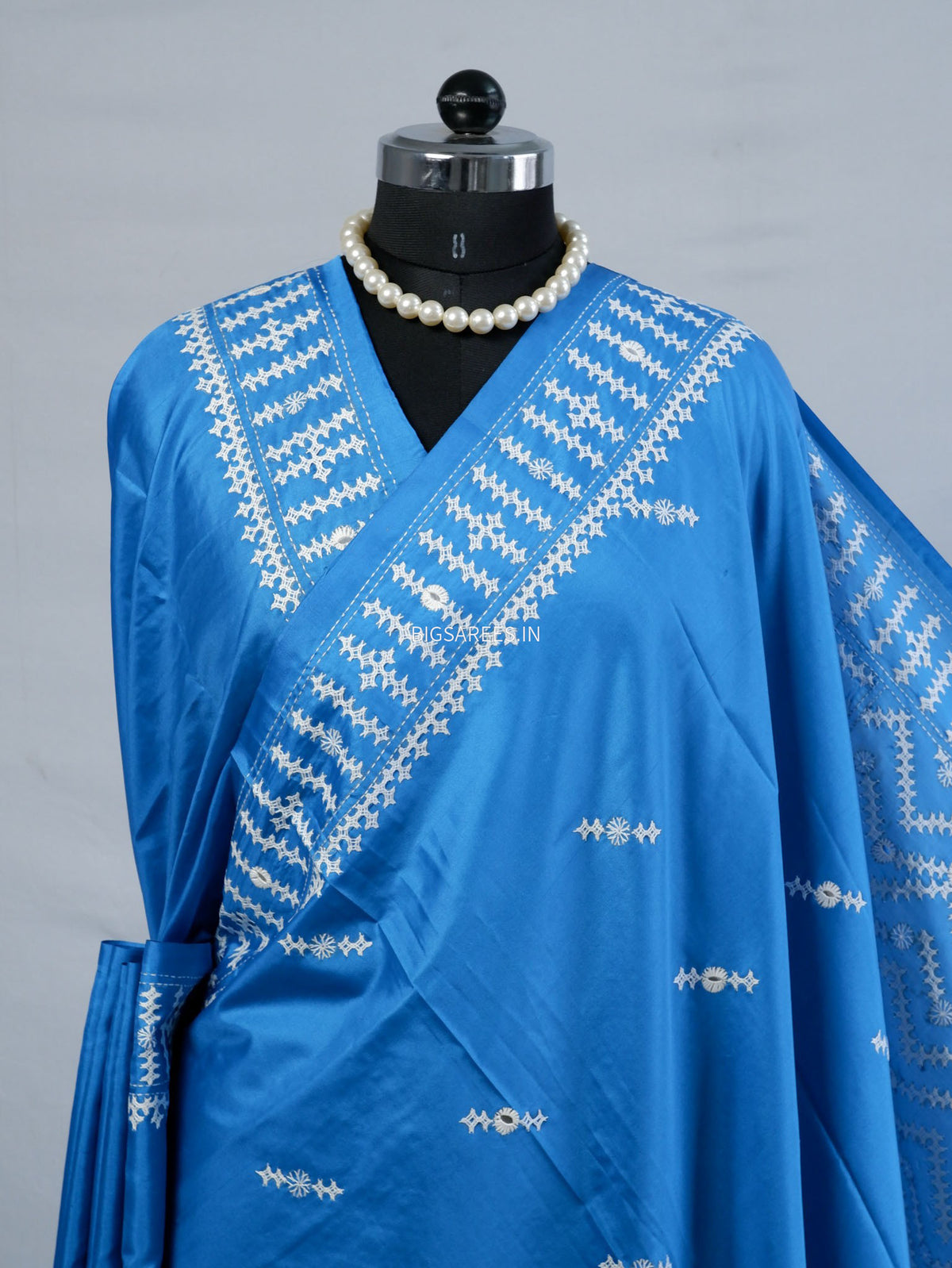 Kutchi/Gujarati Stitch Hand Embroidered Saree | Art Silk | Foil Mirror | Light Blue