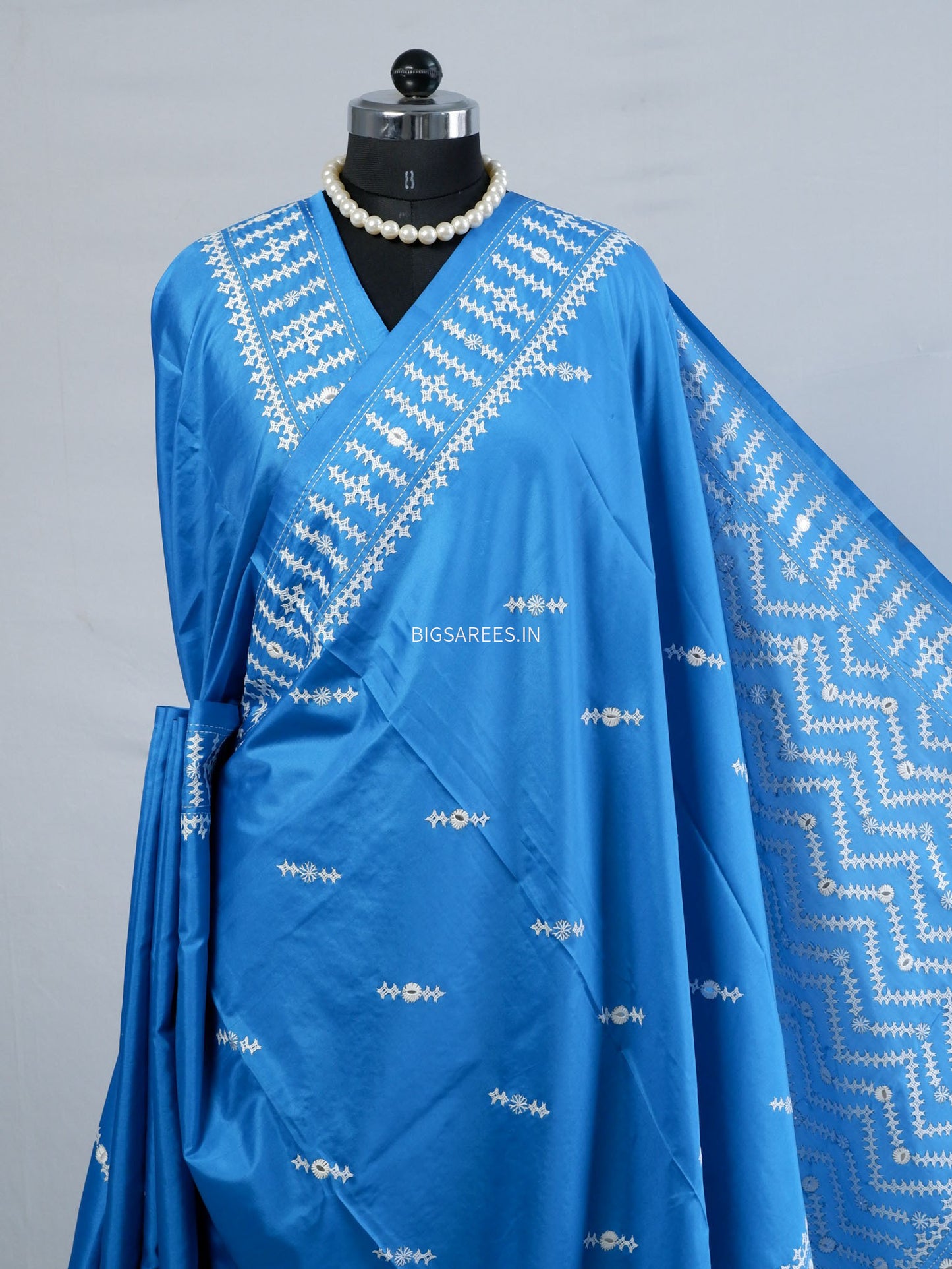 Kutchi/Gujarati Stitch Hand Embroidered Saree | Art Silk | Foil Mirror | Light Blue