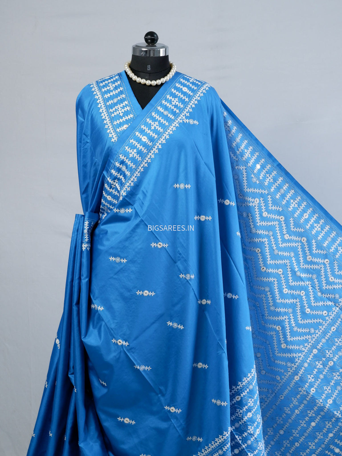 Kutchi/Gujarati Stitch Hand Embroidered Saree | Art Silk | Foil Mirror | Light Blue