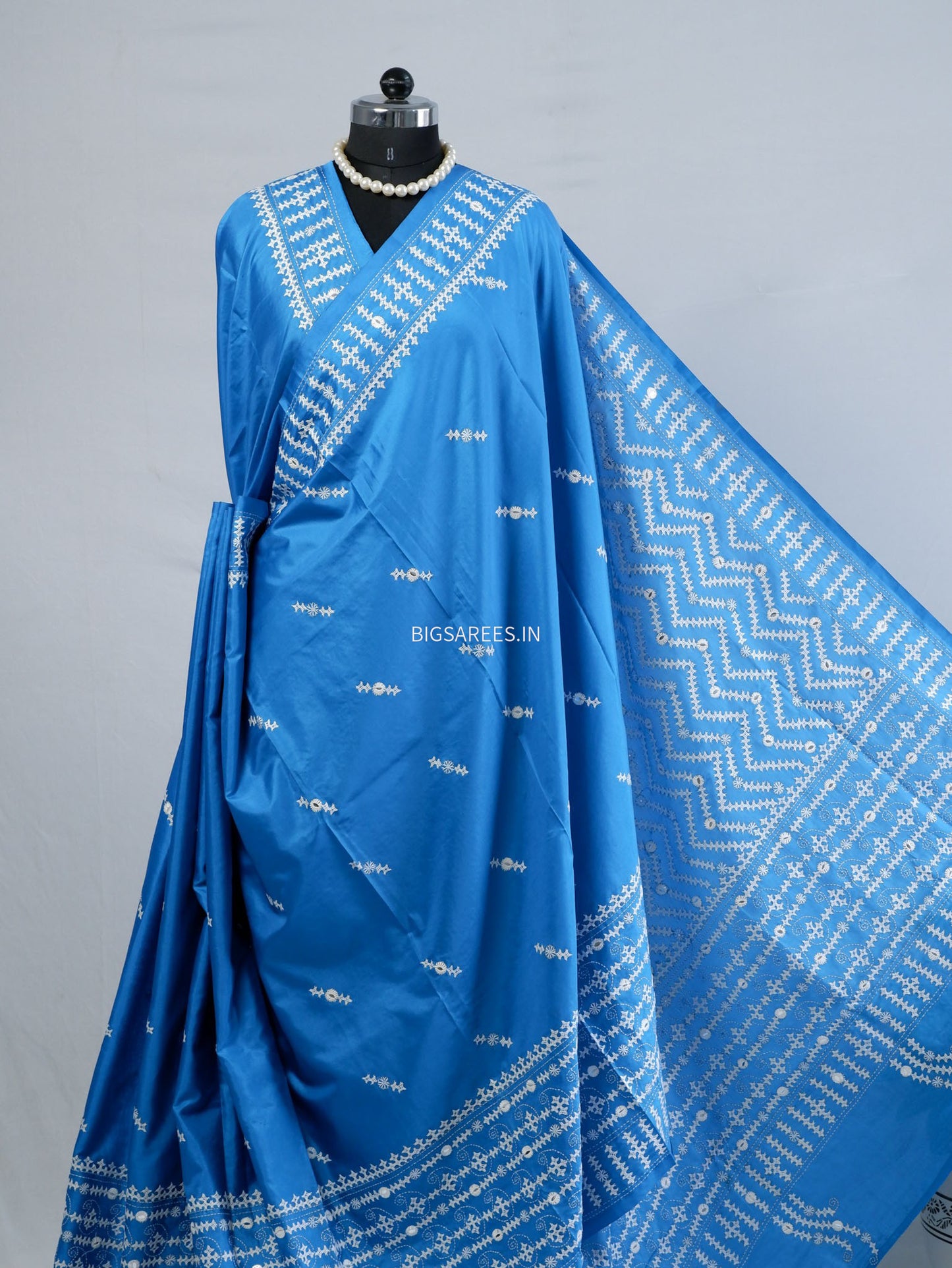 Kutchi/Gujarati Stitch Hand Embroidered Saree | Art Silk | Foil Mirror | Light Blue
