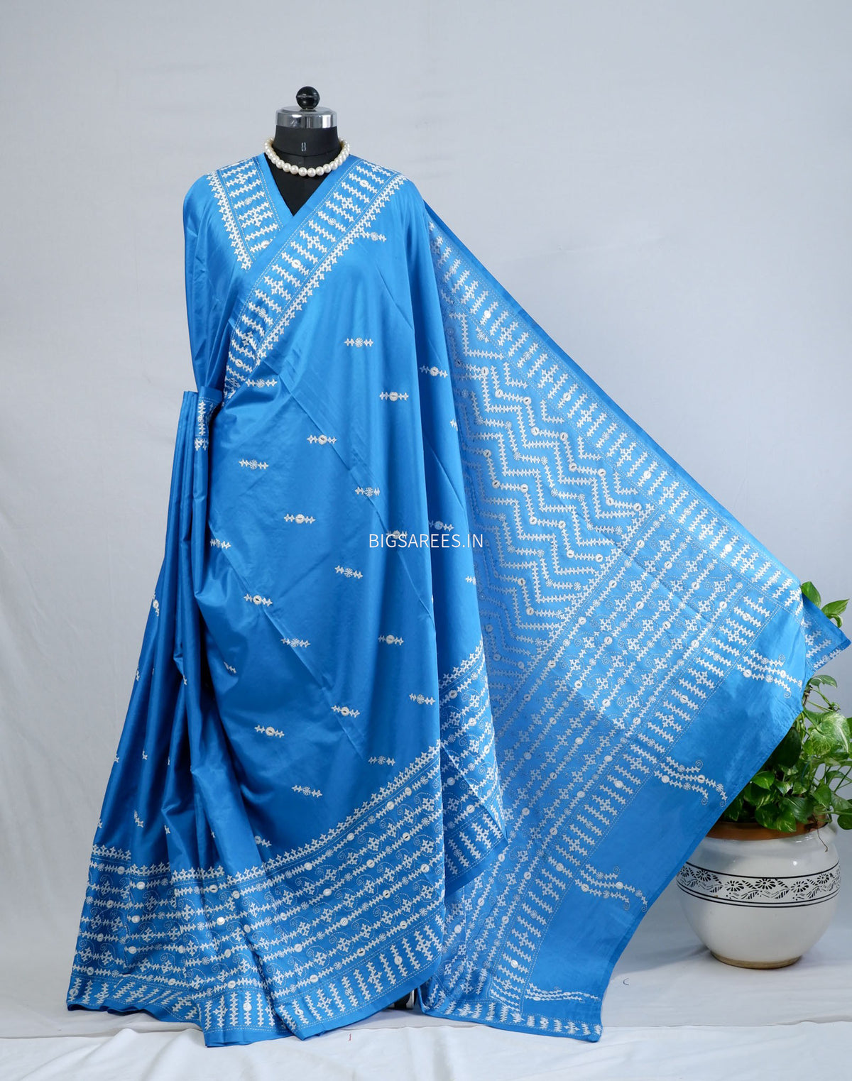 Kutchi/Gujarati Stitch Hand Embroidered Saree | Art Silk | Foil Mirror | Light Blue