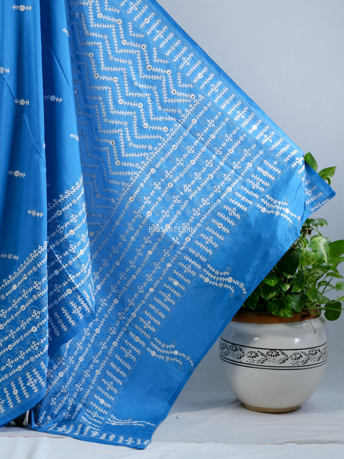 Kutchi/Gujarati Stitch Hand Embroidered Saree | Art Silk | Foil Mirror | Light Blue