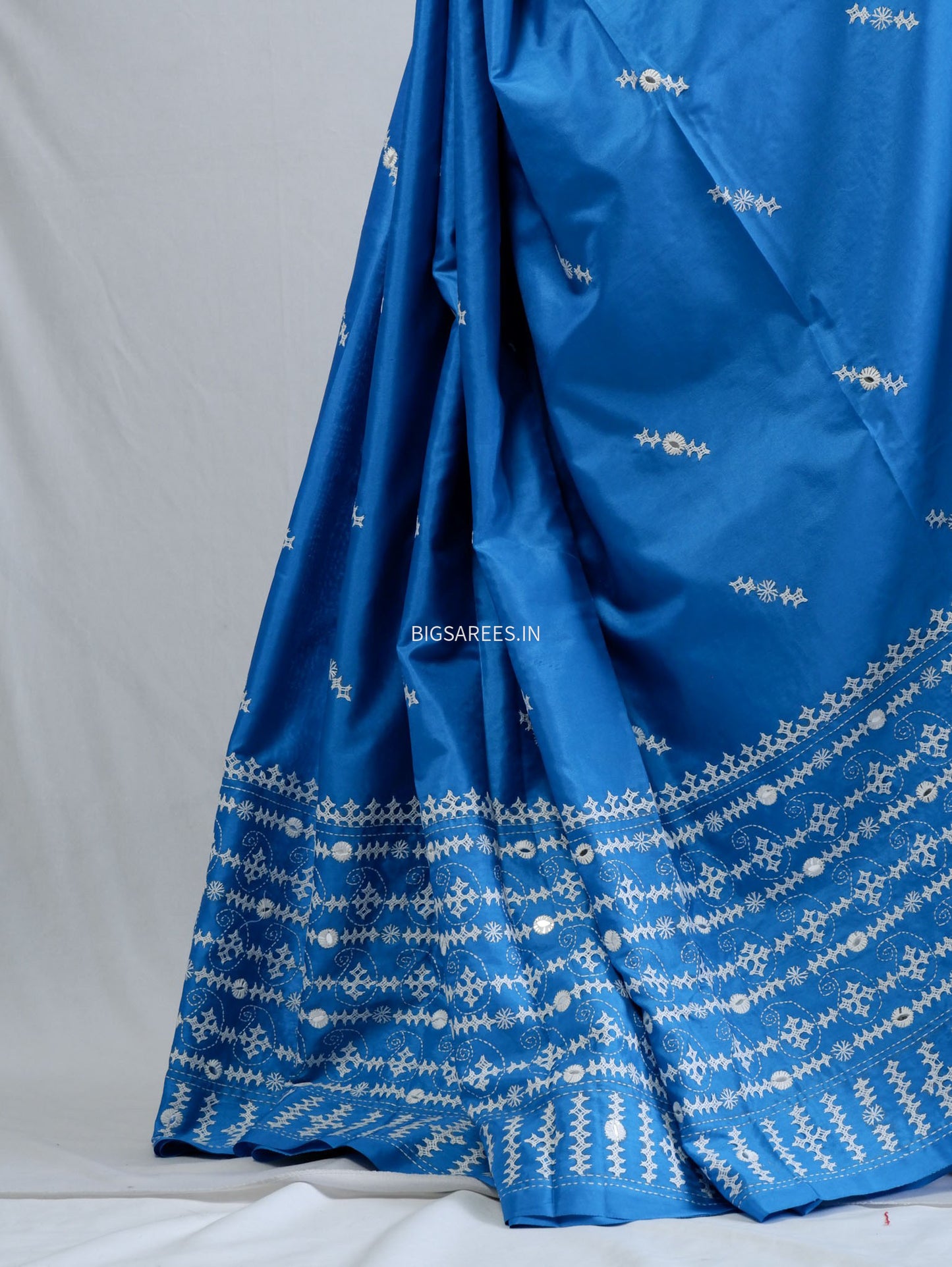 Kutchi/Gujarati Stitch Hand Embroidered Saree | Art Silk | Foil Mirror | Light Blue