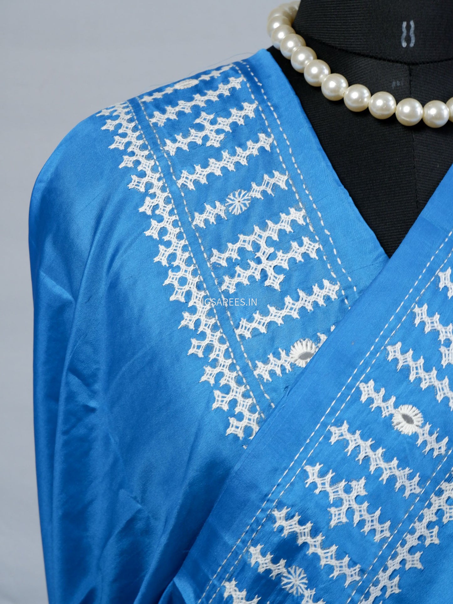 Kutchi/Gujarati Stitch Hand Embroidered Saree | Art Silk | Foil Mirror | Light Blue