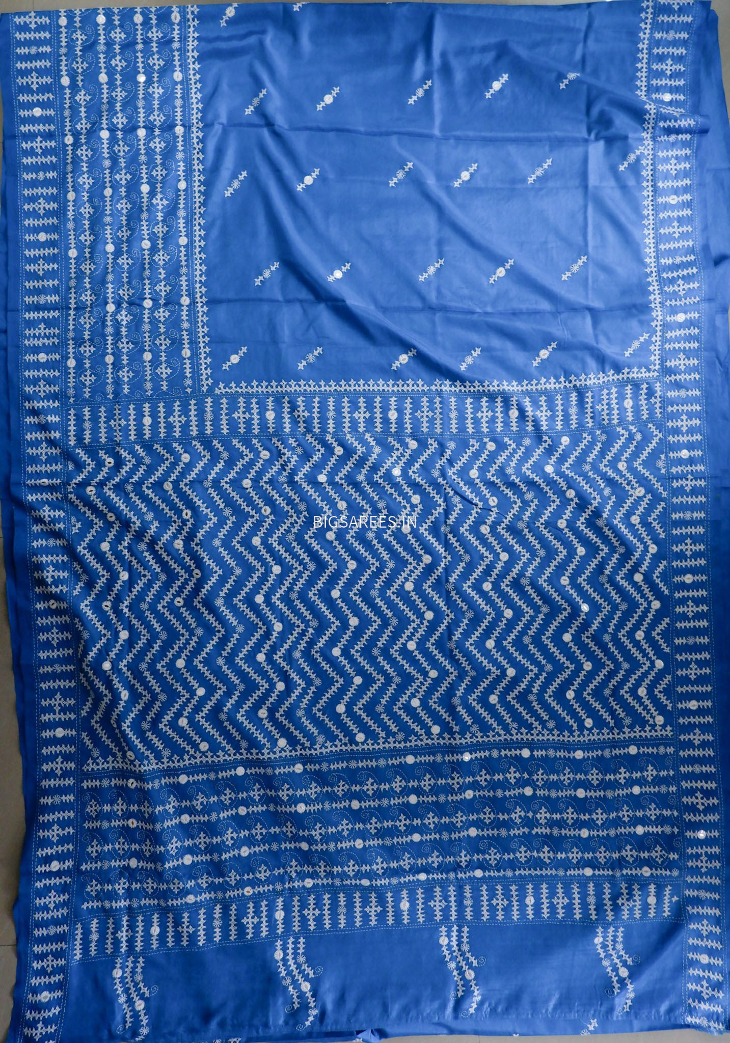 Kutchi/Gujarati Stitch Hand Embroidered Saree | Art Silk | Foil Mirror | Light Blue