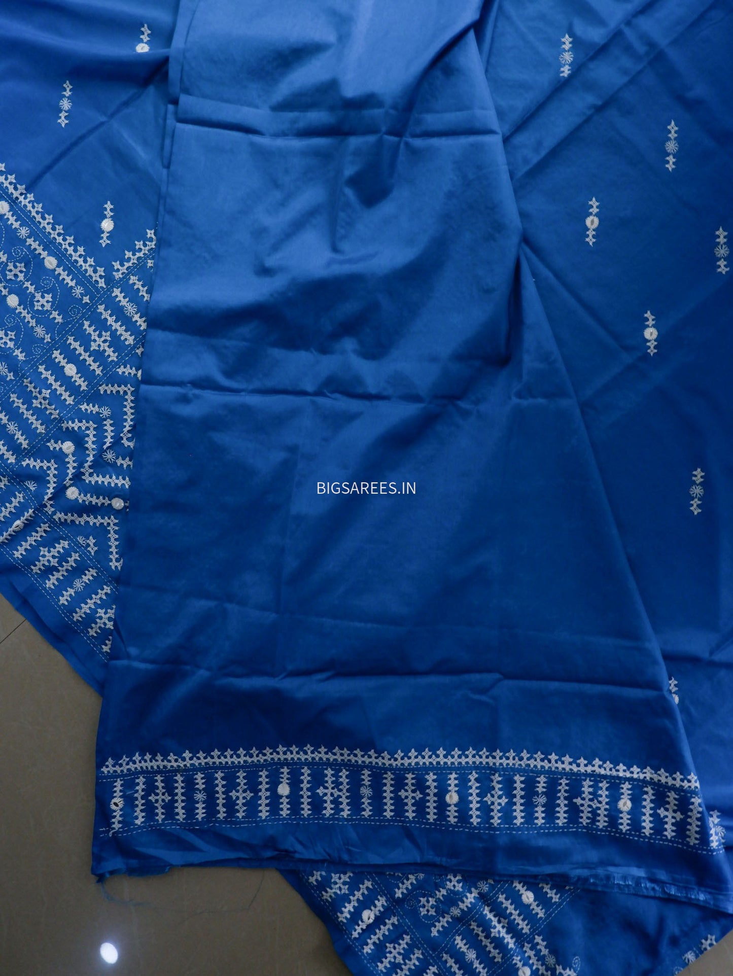 Kutchi/Gujarati Stitch Hand Embroidered Saree | Art Silk | Foil Mirror | Light Blue