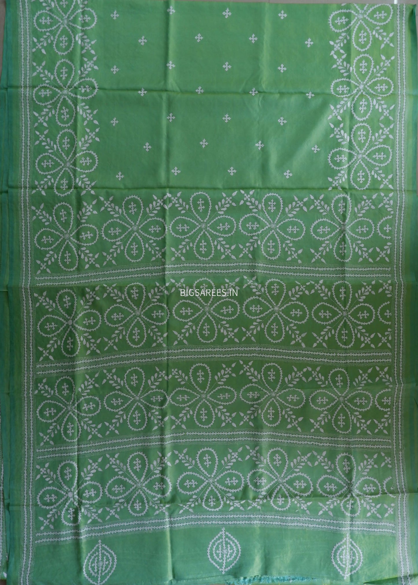Kutchi/Gujarati Stitch Hand Embroidered Saree | Art Silk | Light Green
