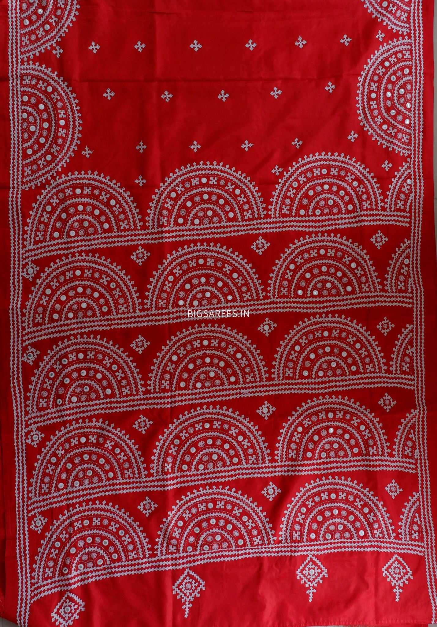 Kutchi/Gujarati Stitch Hand Embroidered Saree | Art Silk | Foil Mirror | Red