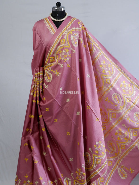 Kutchi/Gujarati Stitch Hand Embroidered Saree | Art Silk | Pink