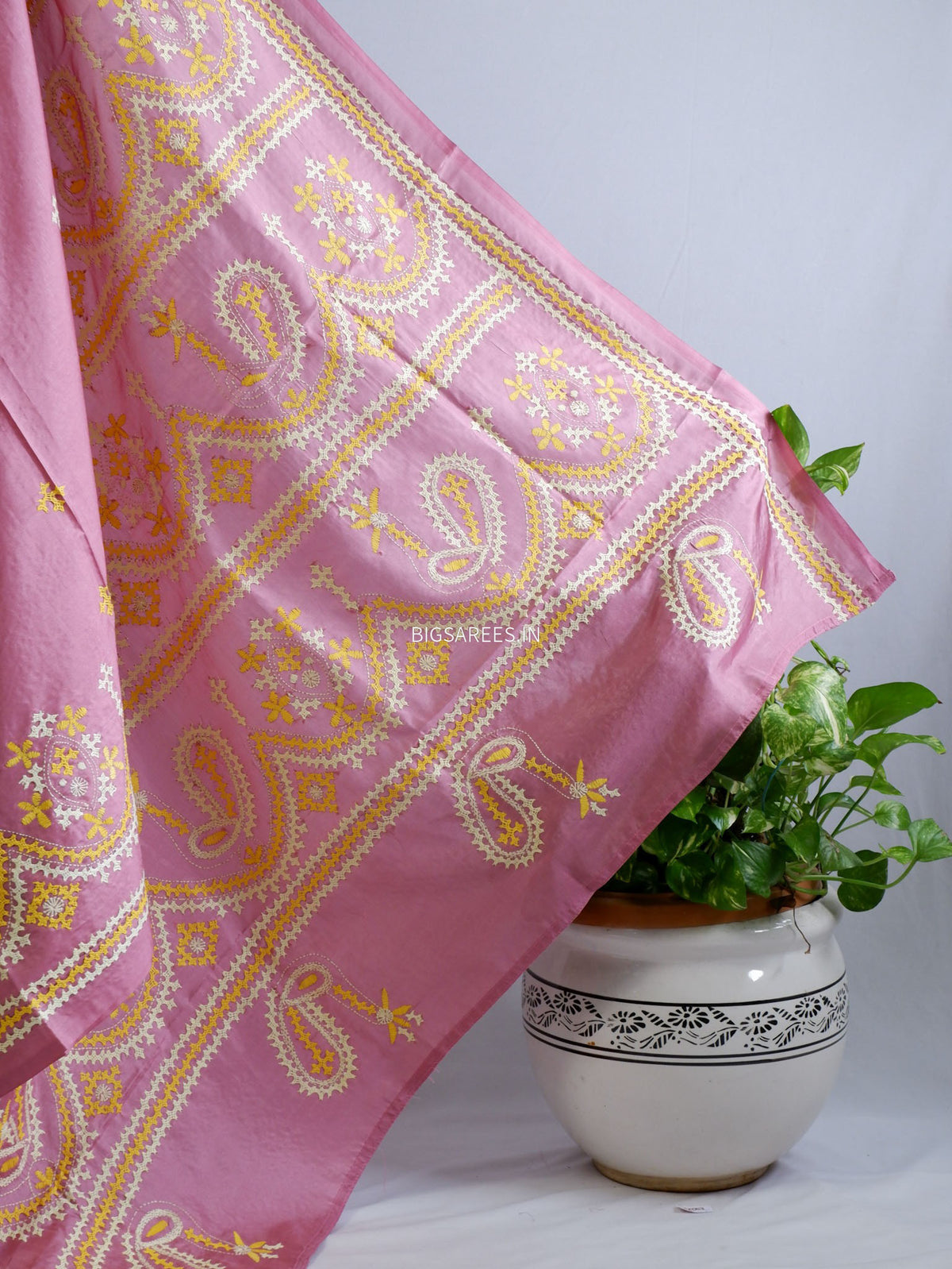 Kutchi/Gujarati Stitch Hand Embroidered Saree | Art Silk | Pink