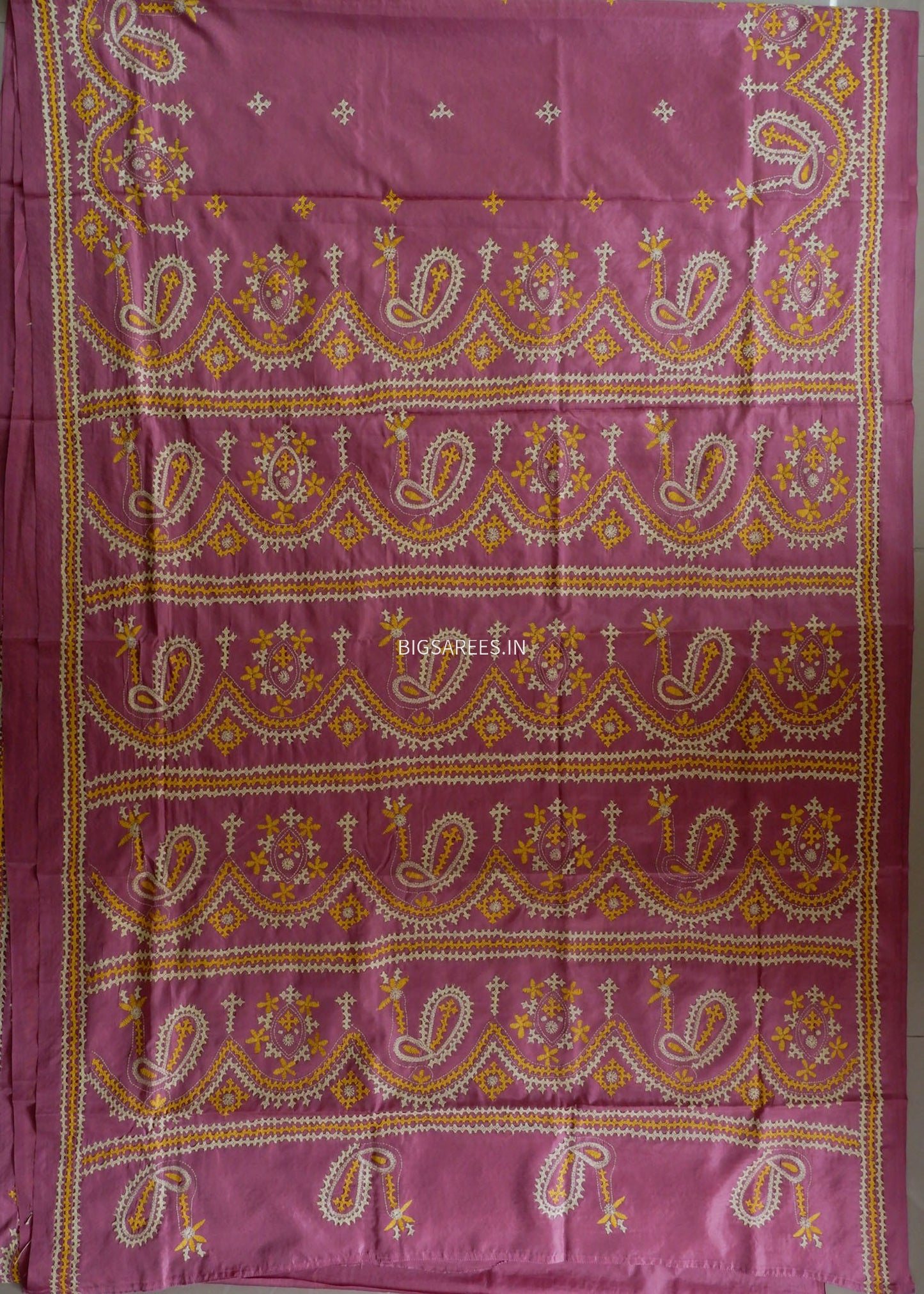 Kutchi/Gujarati Stitch Hand Embroidered Saree | Art Silk | Pink
