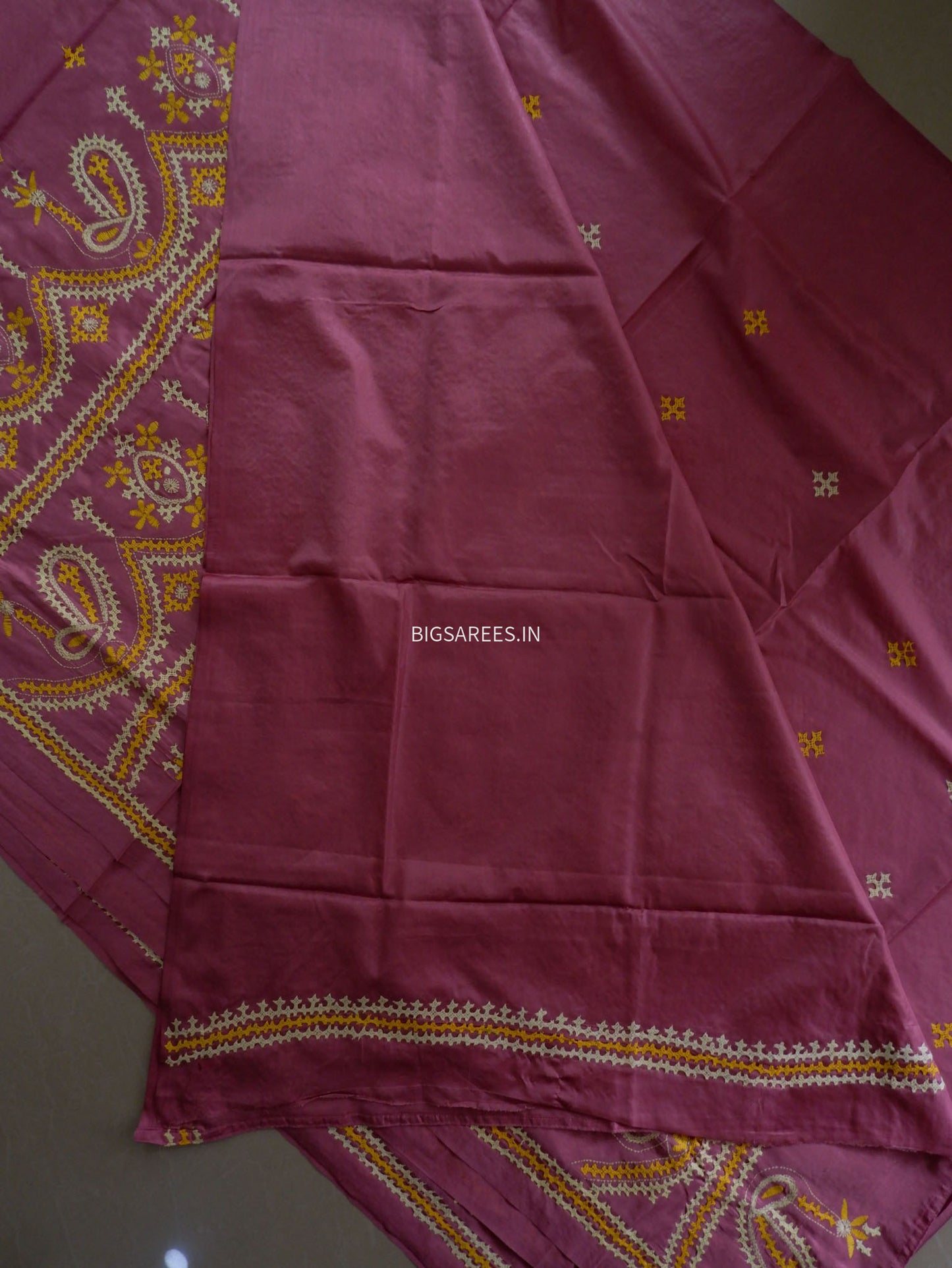 Kutchi/Gujarati Stitch Hand Embroidered Saree | Art Silk | Pink