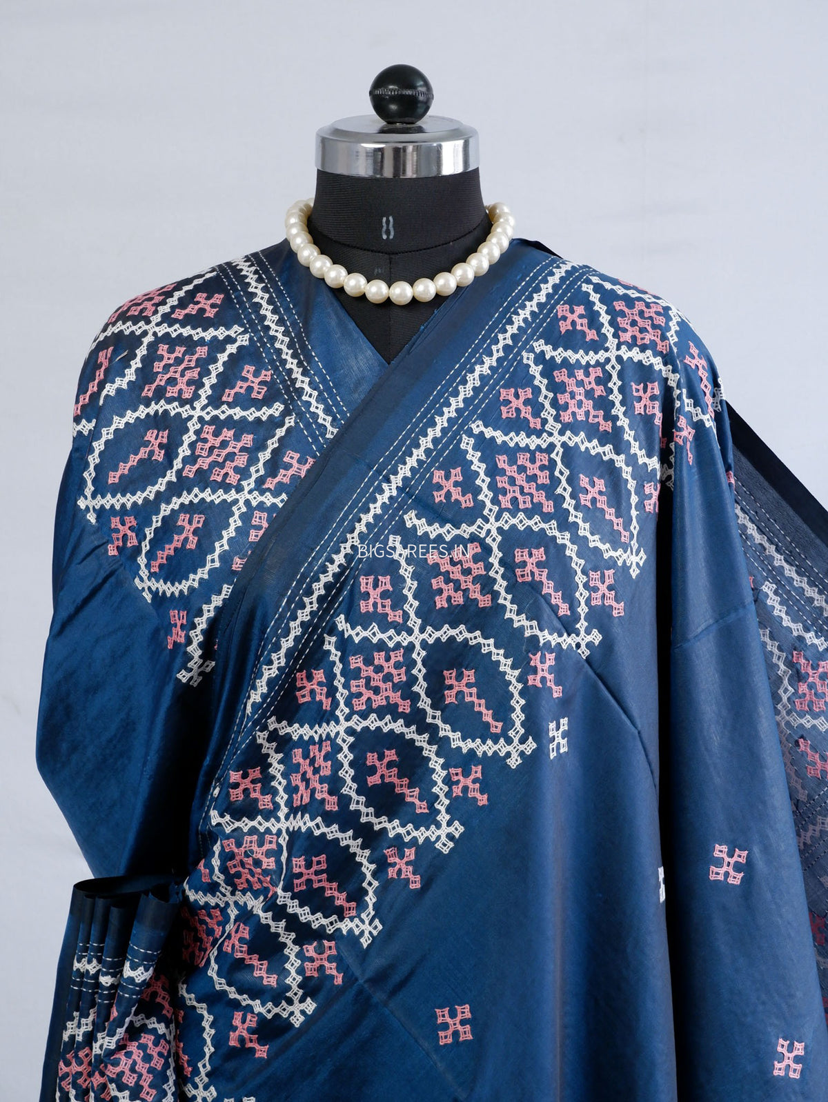Kutchi/Gujarati Stitch Hand Embroidered Saree | Art Silk | Blue