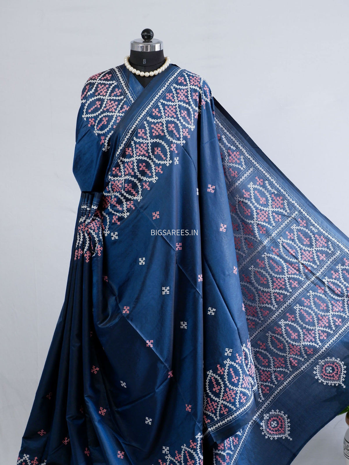 Kutchi/Gujarati Stitch Hand Embroidered Saree | Art Silk | Blue