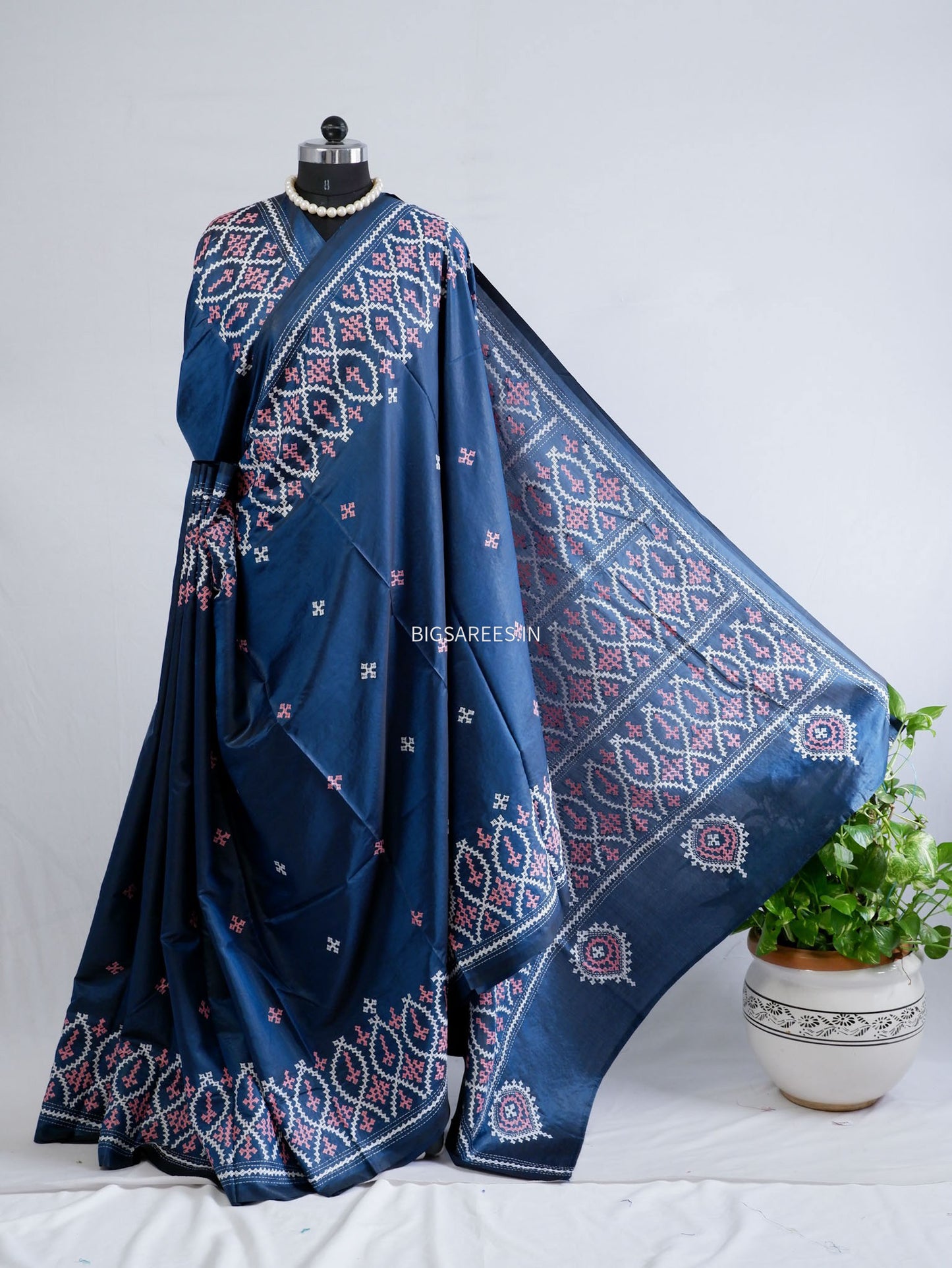 Kutchi/Gujarati Stitch Hand Embroidered Saree | Art Silk | Blue