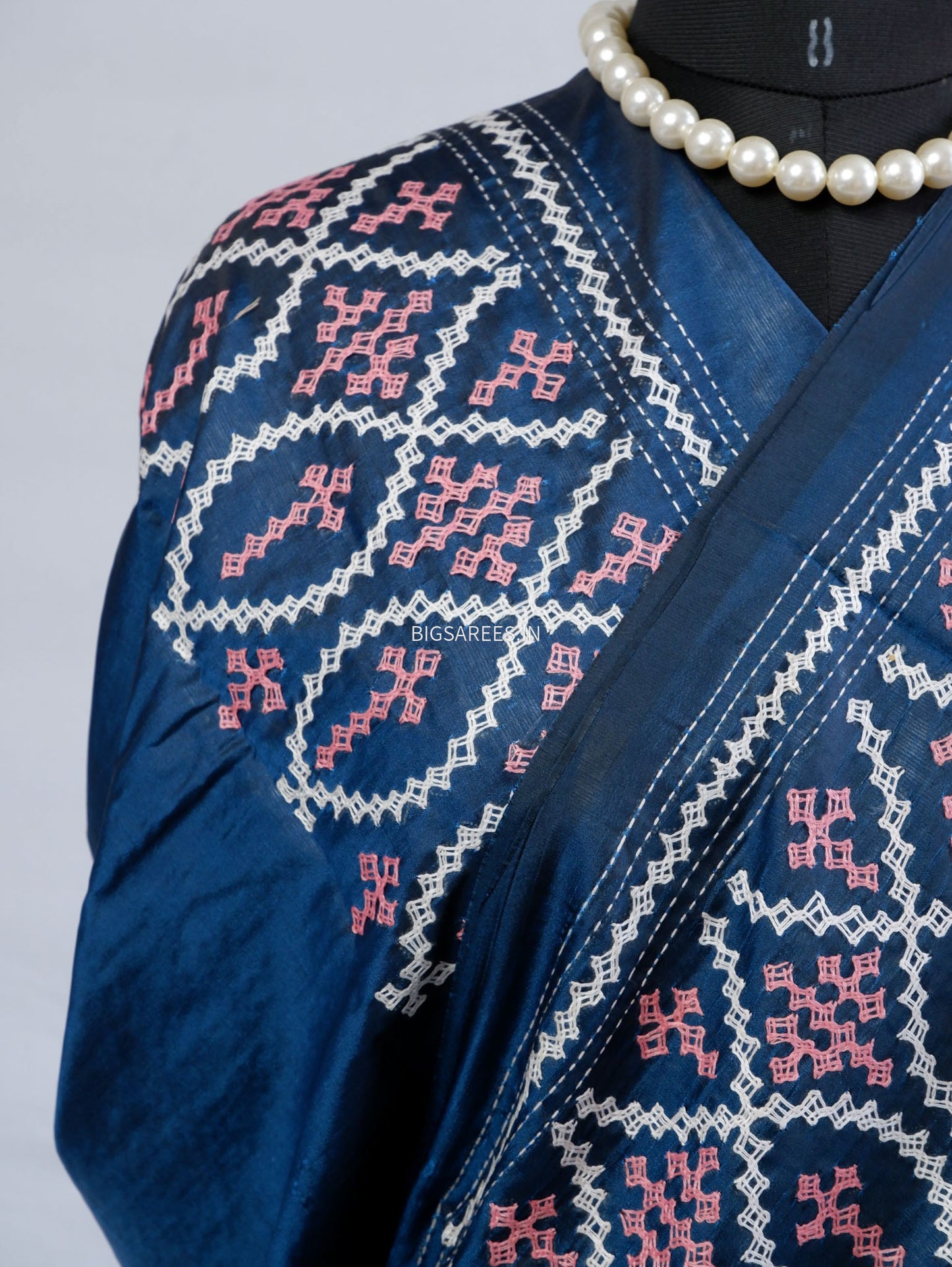 Kutchi/Gujarati Stitch Hand Embroidered Saree | Art Silk | Blue