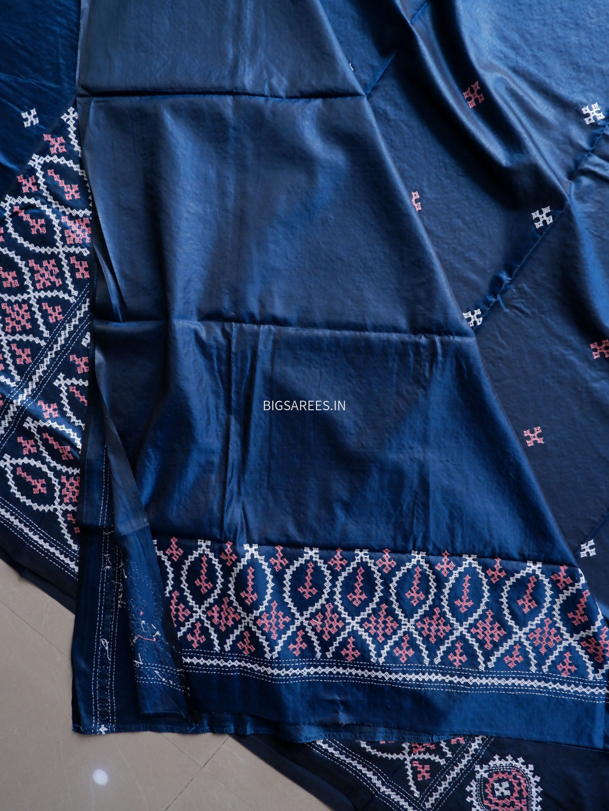 Kutchi/Gujarati Stitch Hand Embroidered Saree | Art Silk | Blue