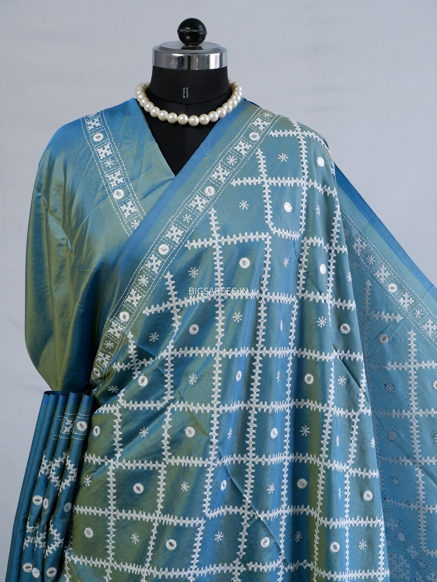 Kutchi/Gujarati Stitch Hand Embroidered Saree | Art Silk | Blue