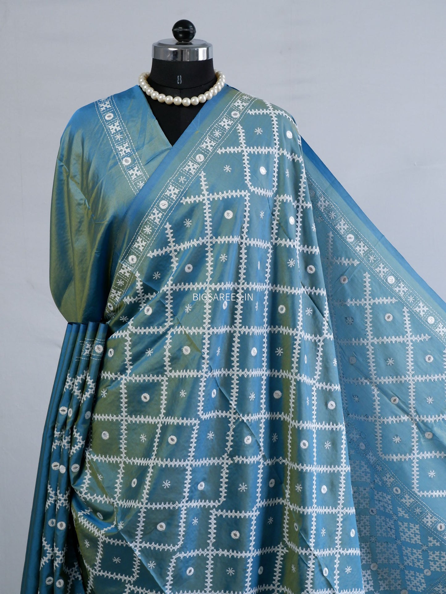 Kutchi/Gujarati Stitch Hand Embroidered Saree | Art Silk | Blue