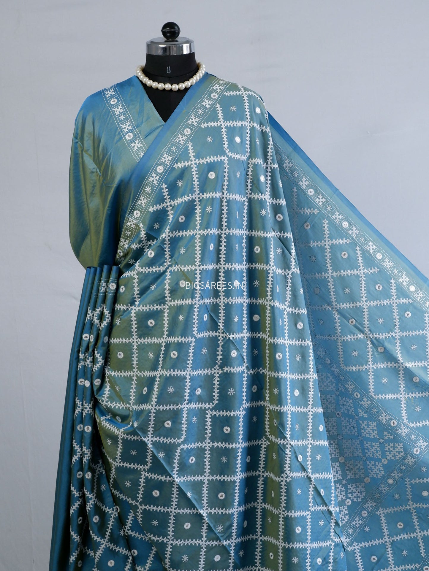 Kutchi/Gujarati Stitch Hand Embroidered Saree | Art Silk | Blue