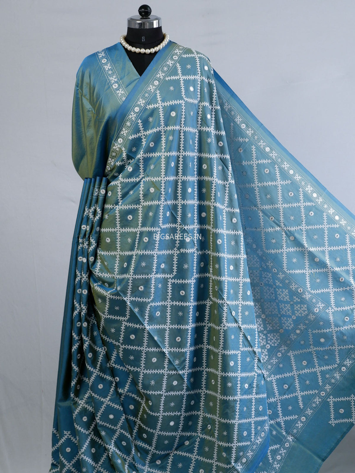 Kutchi/Gujarati Stitch Hand Embroidered Saree | Art Silk | Blue