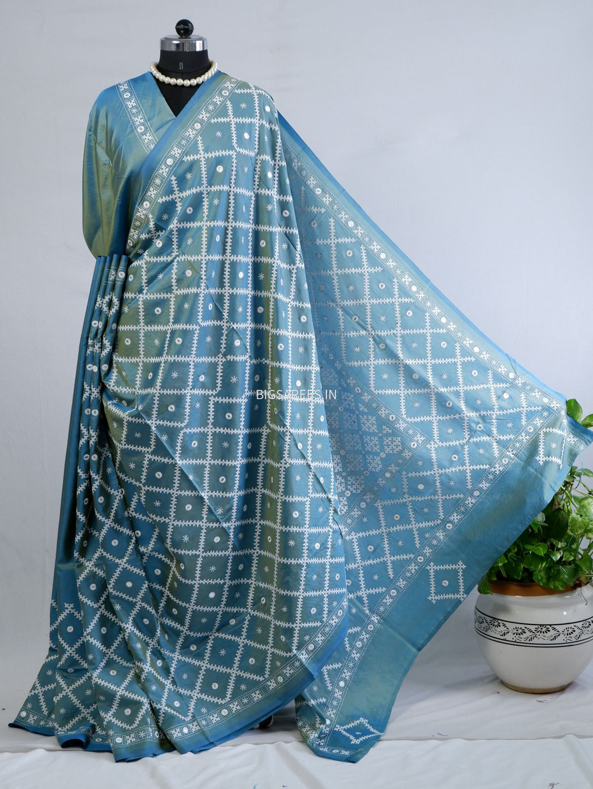 Kutchi/Gujarati Stitch Hand Embroidered Saree | Art Silk | Blue