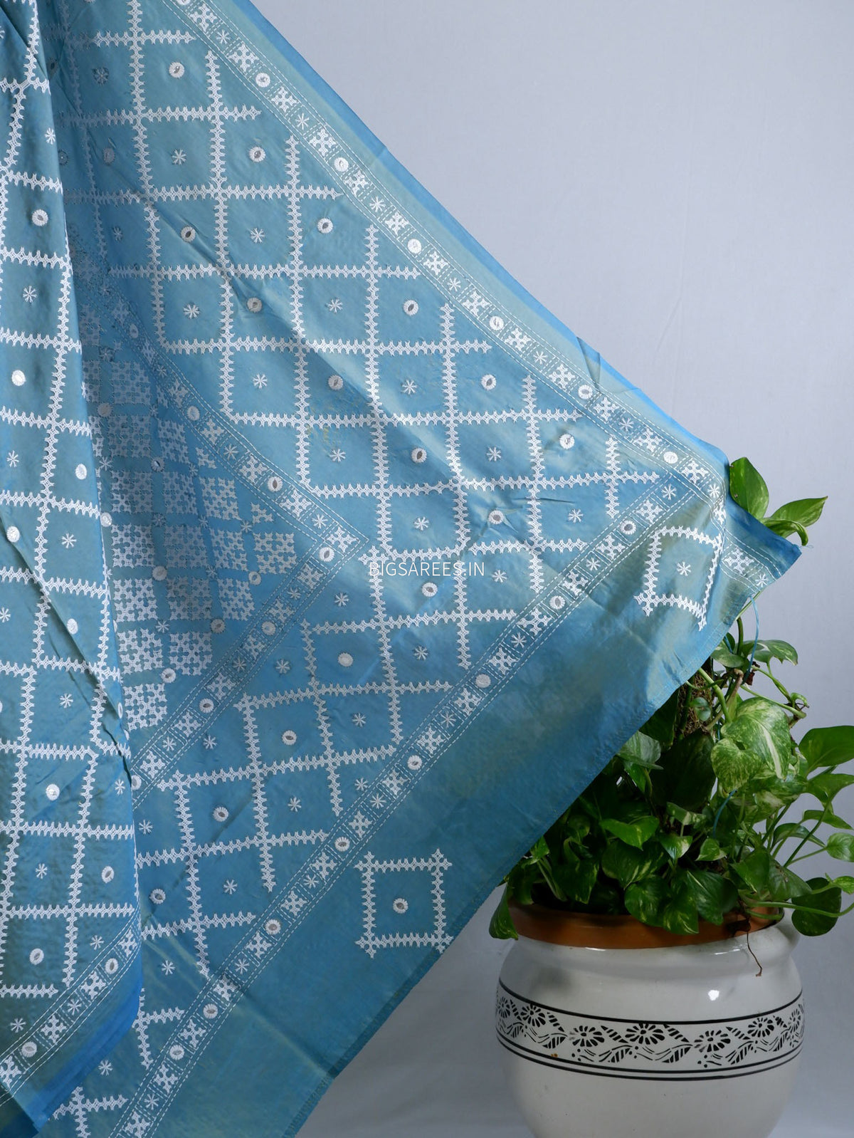 Kutchi/Gujarati Stitch Hand Embroidered Saree | Art Silk | Blue
