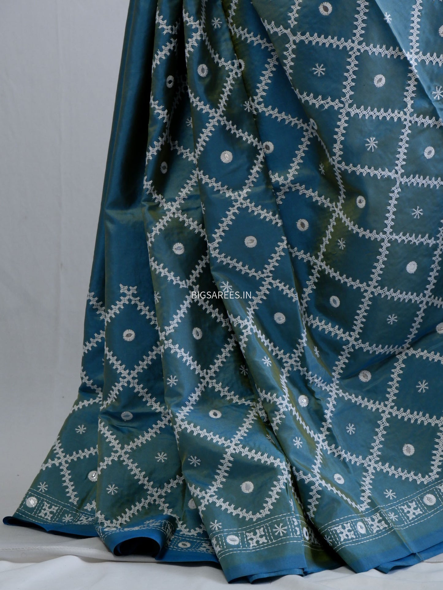 Kutchi/Gujarati Stitch Hand Embroidered Saree | Art Silk | Blue