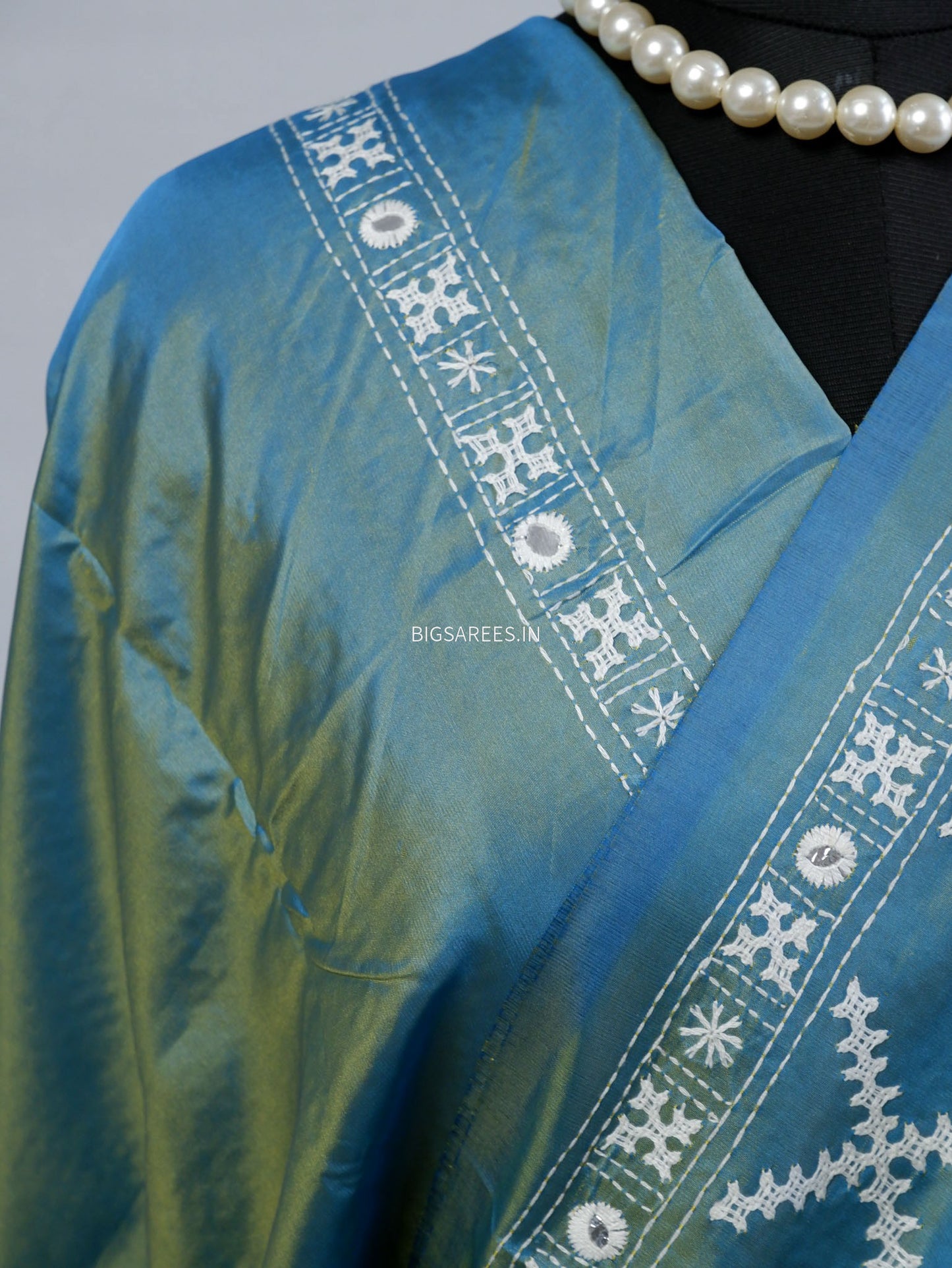 Kutchi/Gujarati Stitch Hand Embroidered Saree | Art Silk | Blue