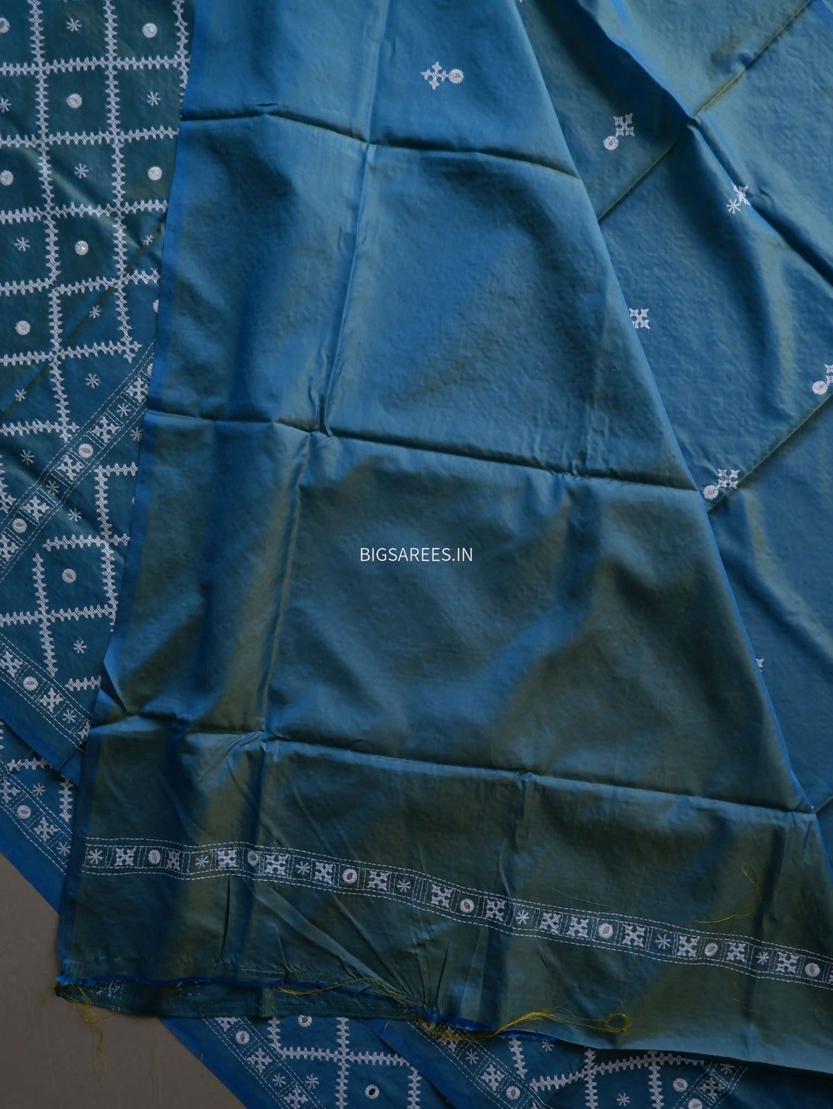 Kutchi/Gujarati Stitch Hand Embroidered Saree | Art Silk | Blue
