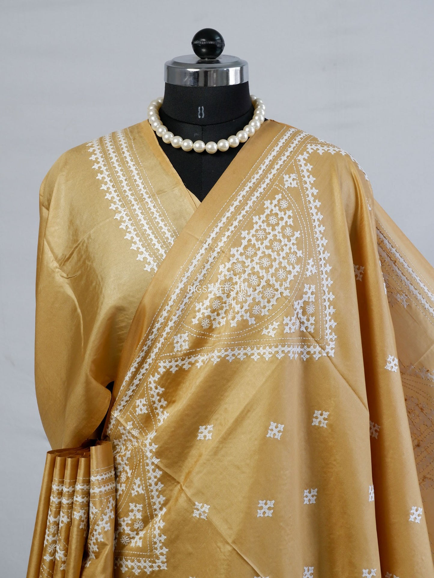 Kutchi/Gujarati Stitch Hand Embroidered Saree | Art Silk | Sand