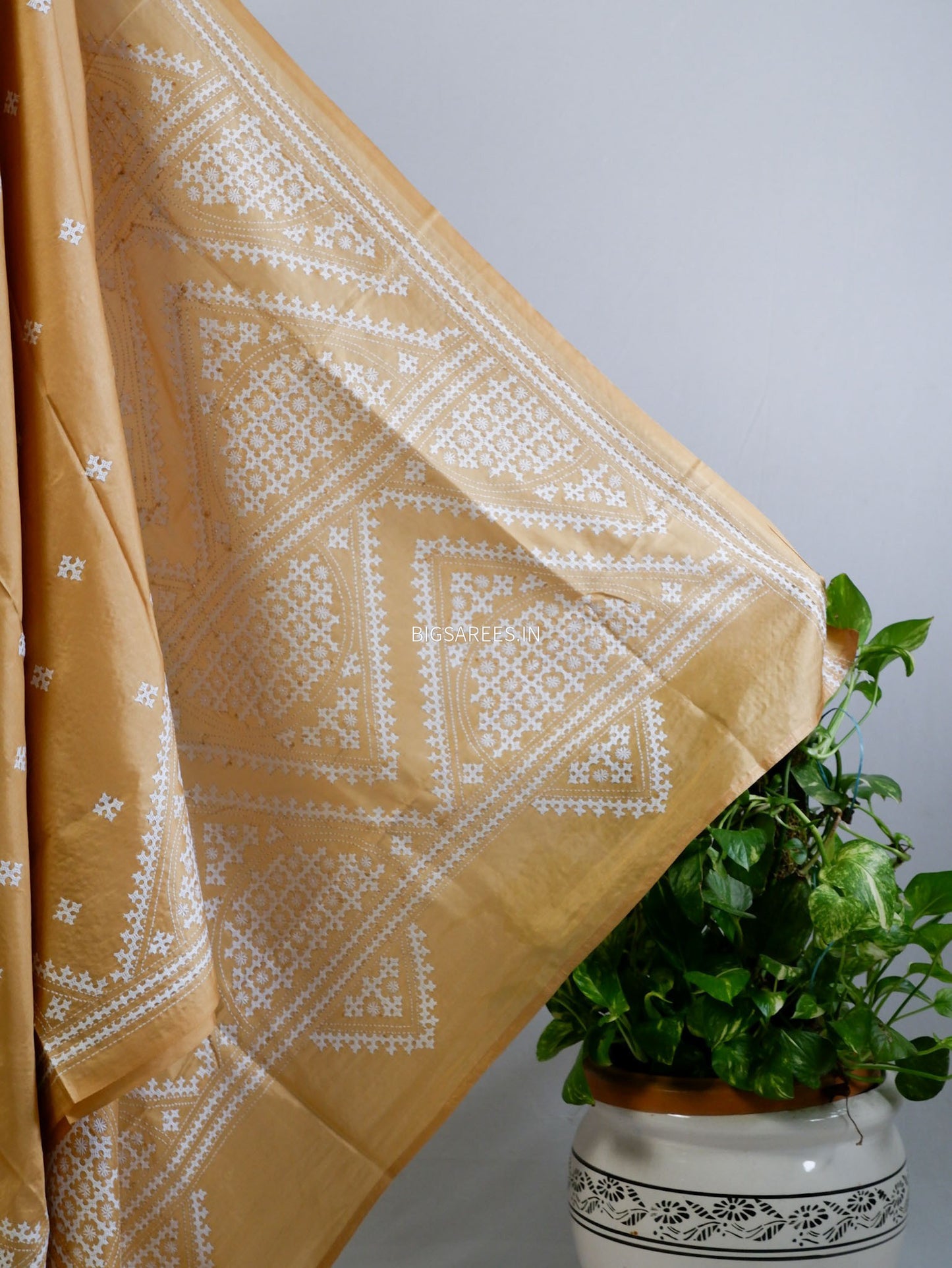 Kutchi/Gujarati Stitch Hand Embroidered Saree | Art Silk | Sand