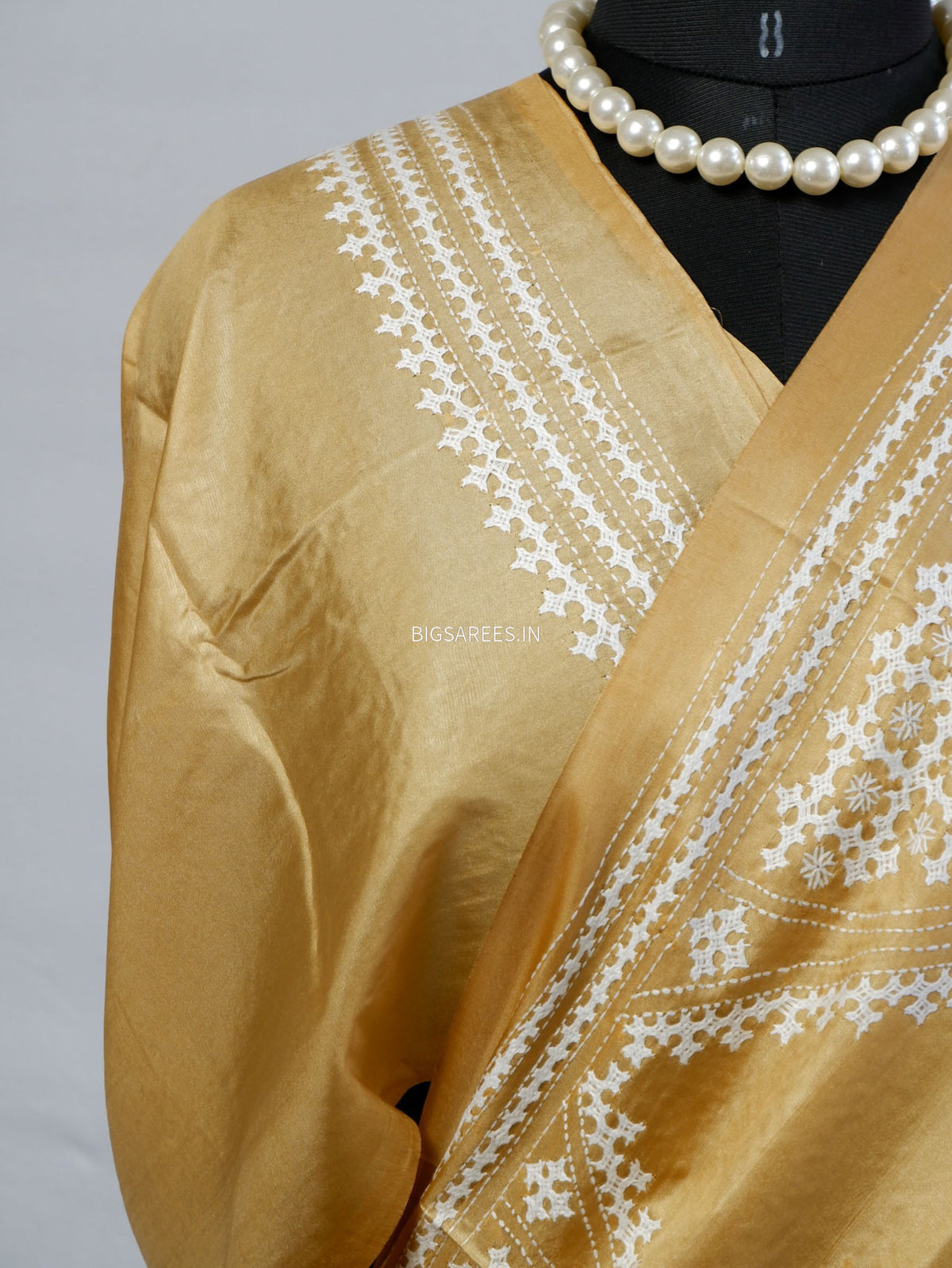 Kutchi/Gujarati Stitch Hand Embroidered Saree | Art Silk | Sand